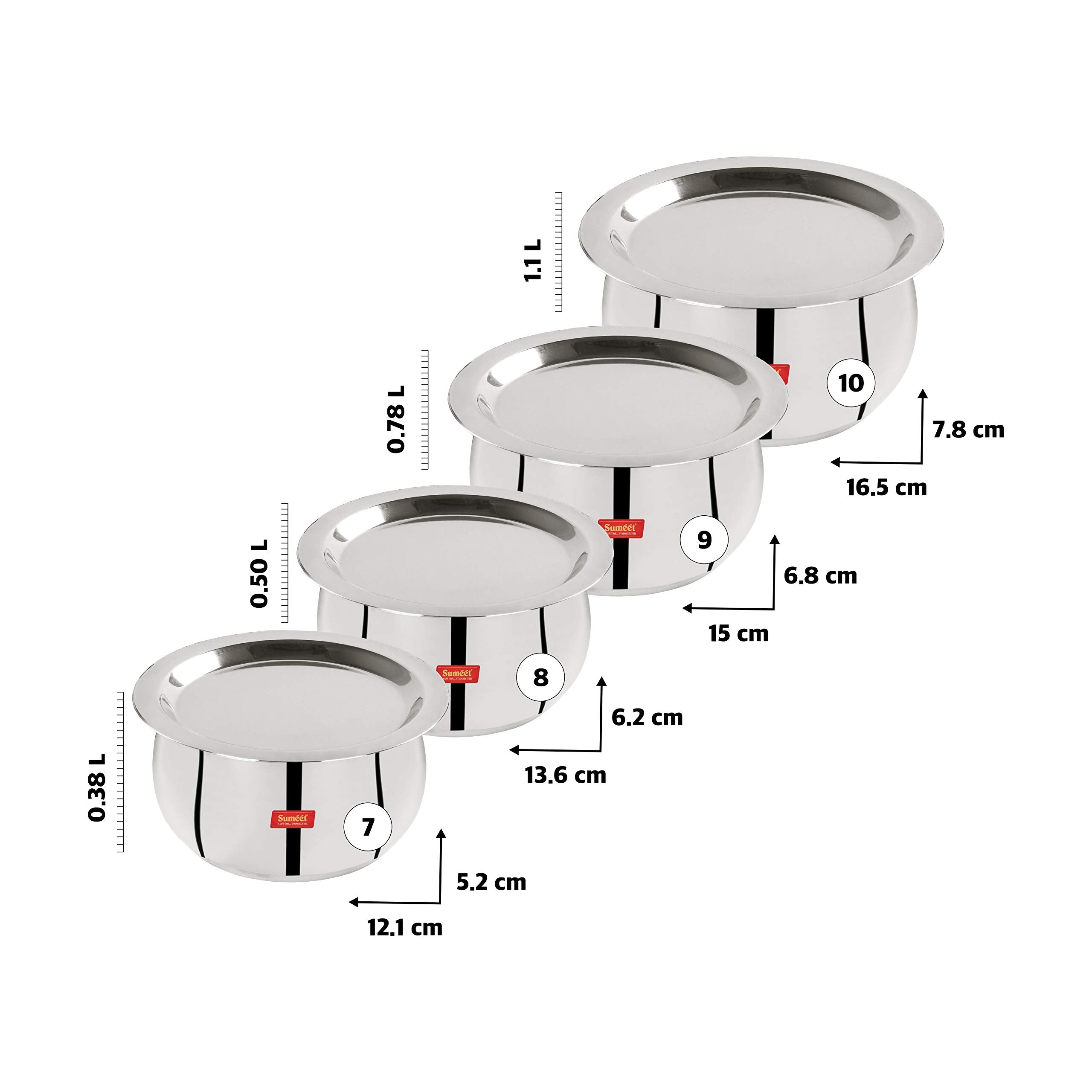 Sumeet Stainless Steel Belly Shape 4 Pc Tope/Cookware/Pot Set with Lid 380ML, 500ML, 780ML, 1.1Ltr, (Silver)