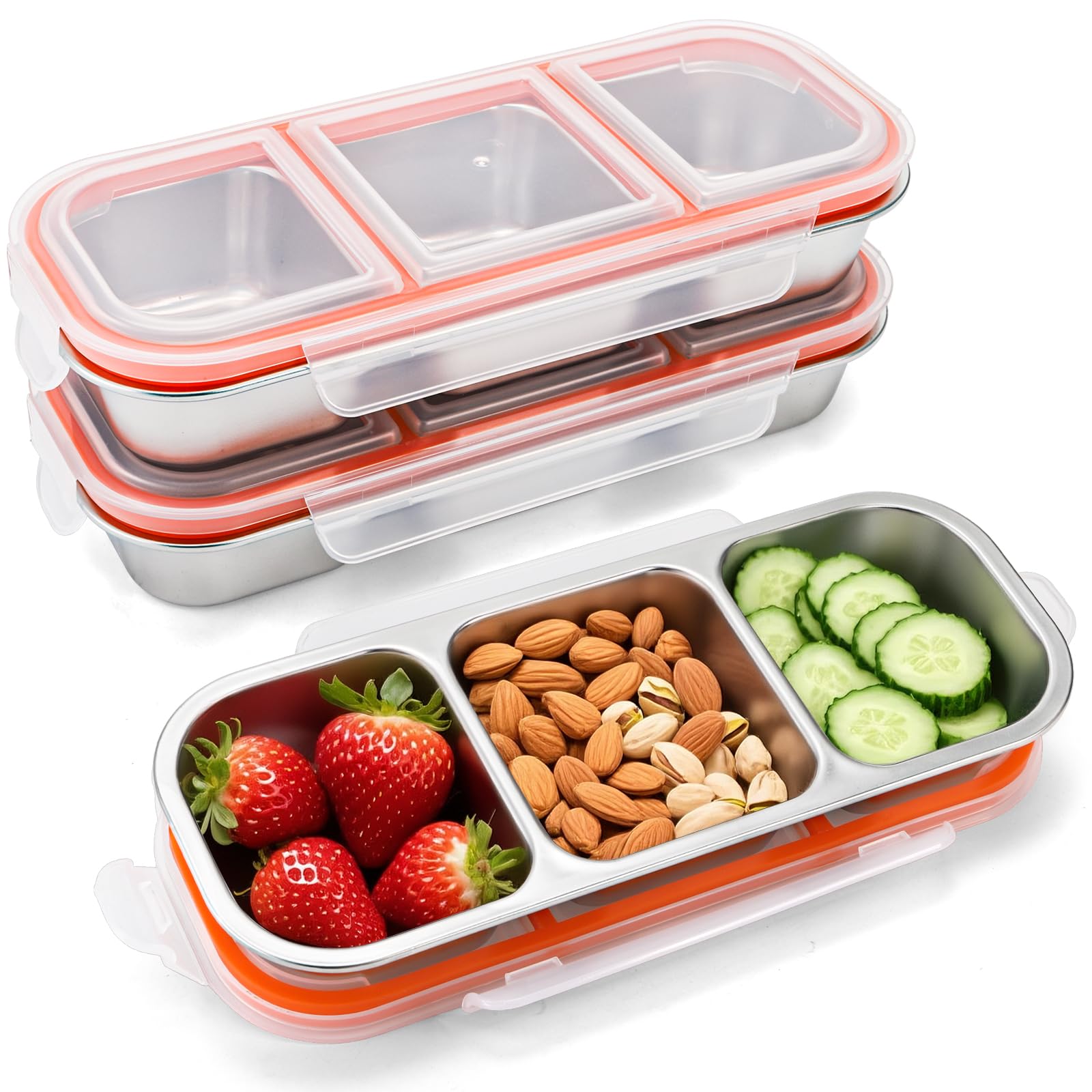 Frcctre 3 Pack Stainless Steel Snack Containers with Lids, 3 Compartments Reusable Leakproof Divided Food Storage Containers Con