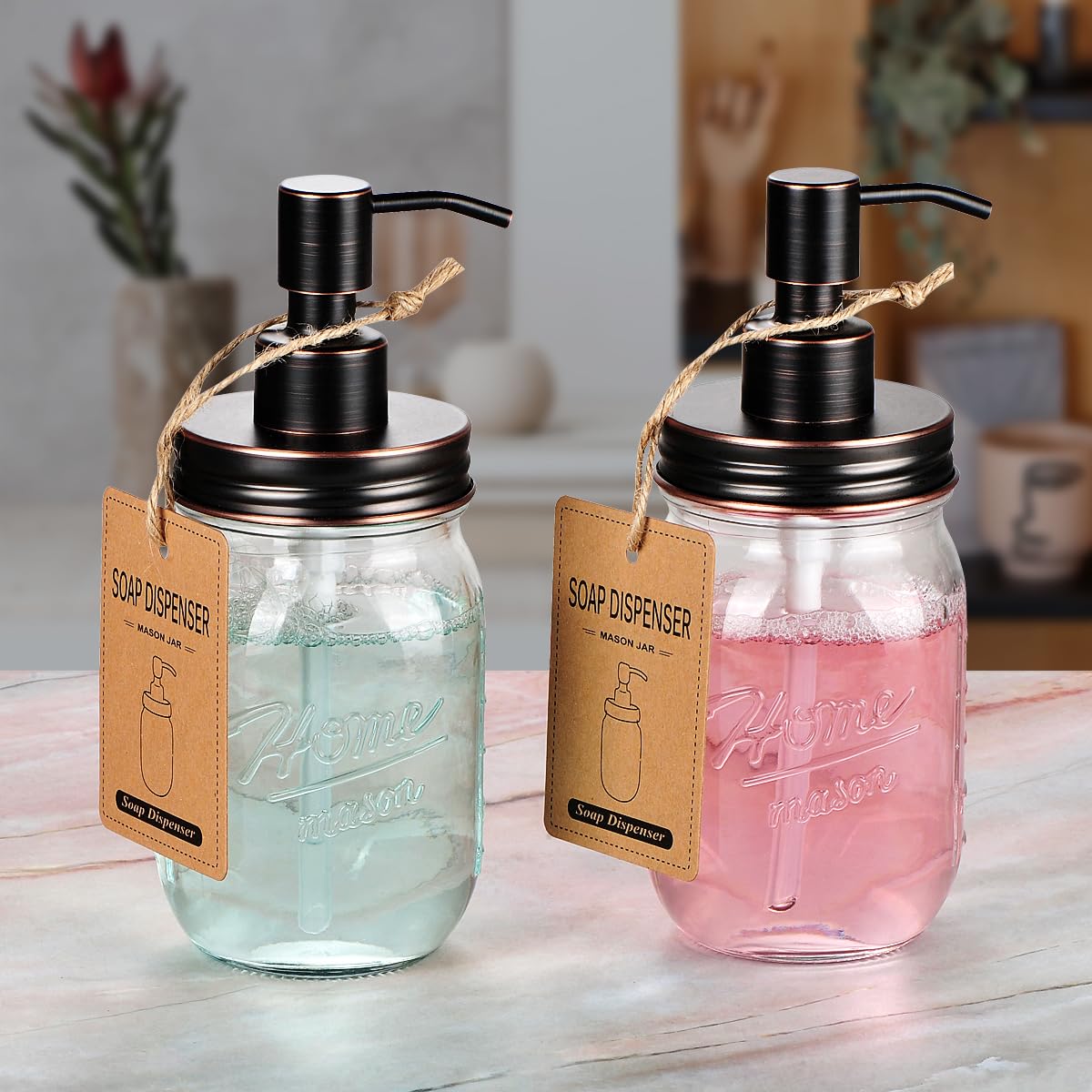 Amolliar Mason Jar Liquid Soap Dispenser, Rustproof Stainless Steel Replacement Pump Lid, Cute Farmhouse Decor For Kitchen, Bath