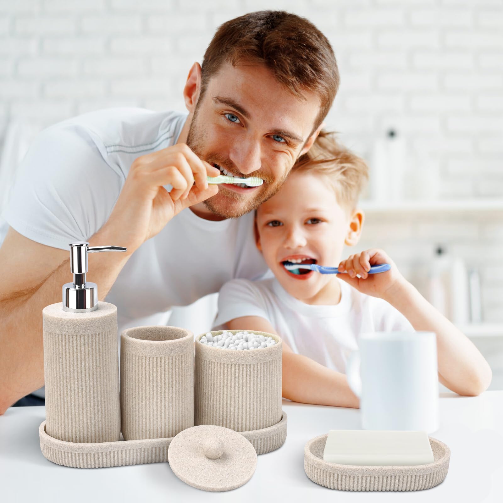 Bathroom Accessory Set 5Pcs- Lotion Soap Dispenser,Toothbrush Holder,Qtip Holder Dispenser,Vanity Tray And Soap Dish-Modern Bath