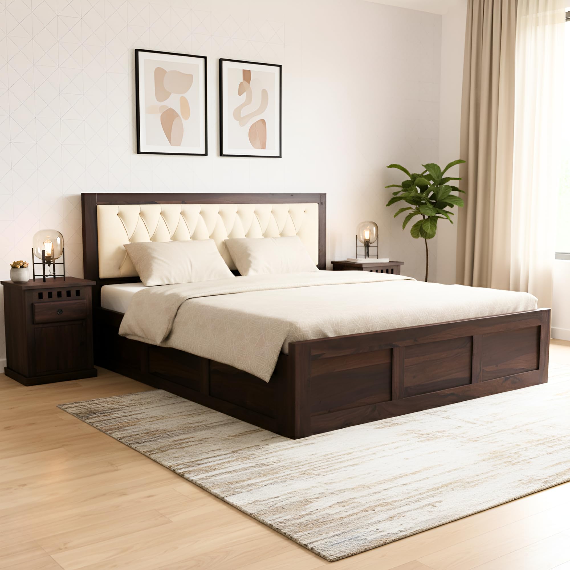 Sona Art & Crafts Zeus Solid Sheesham Wood Queen Size Bed With Storage Box | Queen Size Cot Bed | Upholstered Cushioned Double B