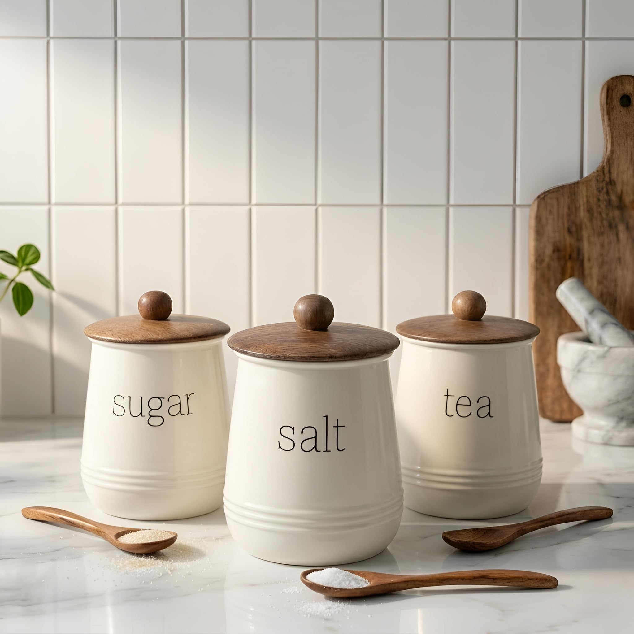 Ovil Deco Stylish Airtight Container For Kitchen, Tea Sugar Salt Storage, White, Metal With Wooden Lid & Spoon, 1000Ml, Canister