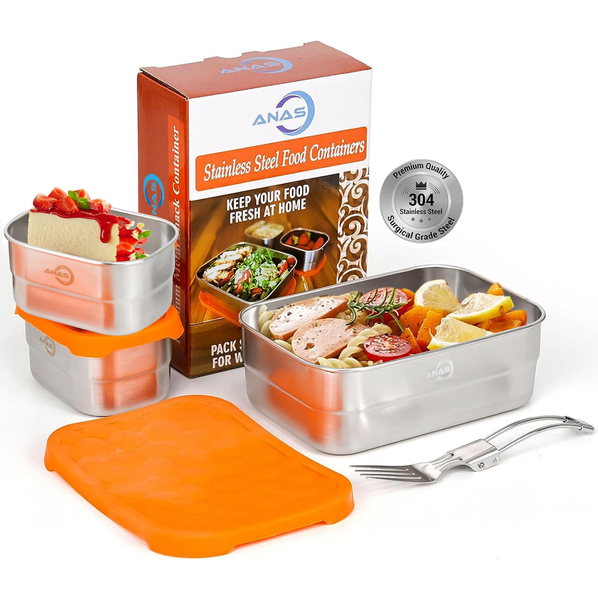 Anas 3-Pack Rectangle Stainless Steel Food Containers With Silicone Lids - Stackable, Leak Proof, Dishwasher Safe, Compact, Idea