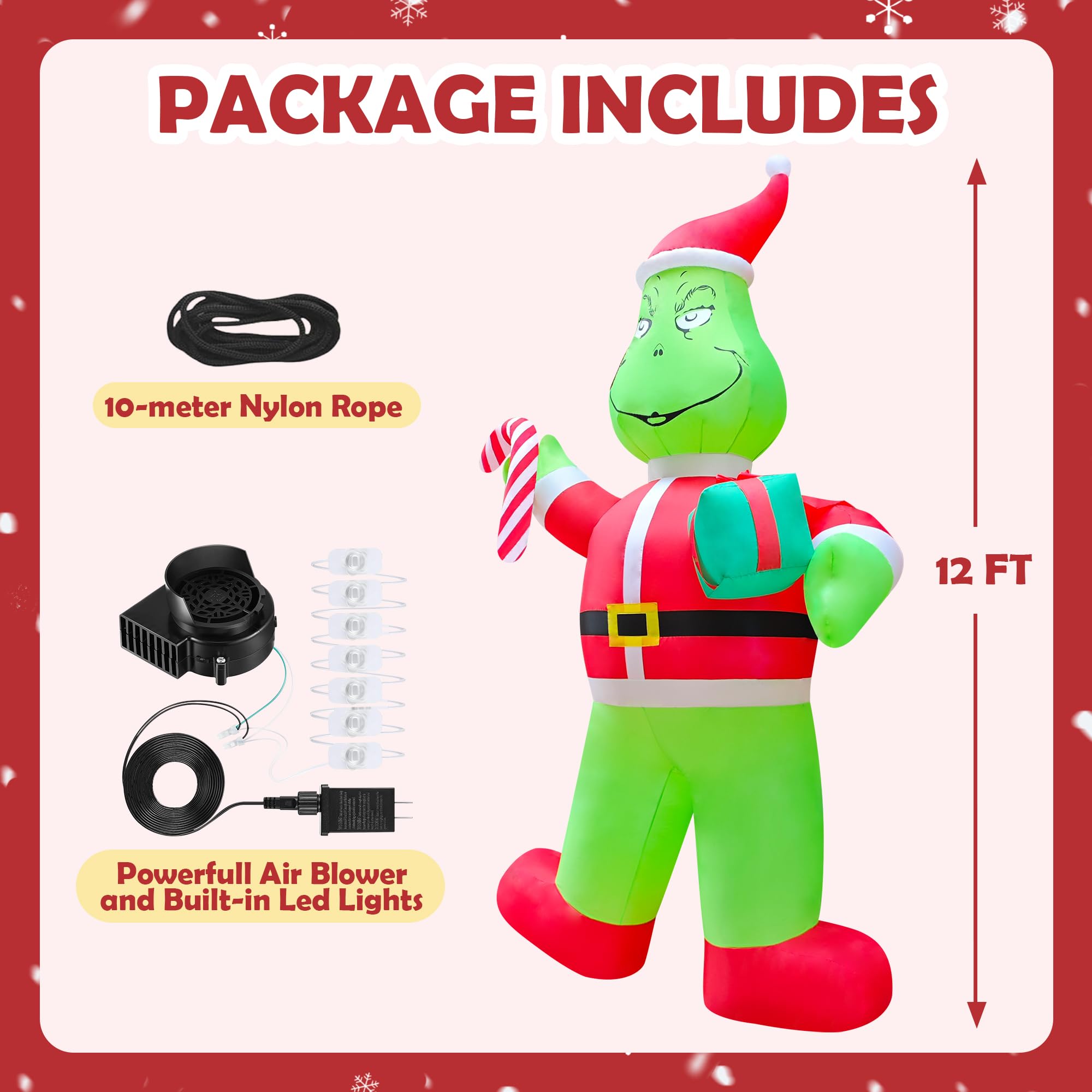 12ft Giant Christmas Inflatables Outdoor Decorations Blow up Santa Green Monster with Gift Box,Candy Cane, LED Lights for Yard D