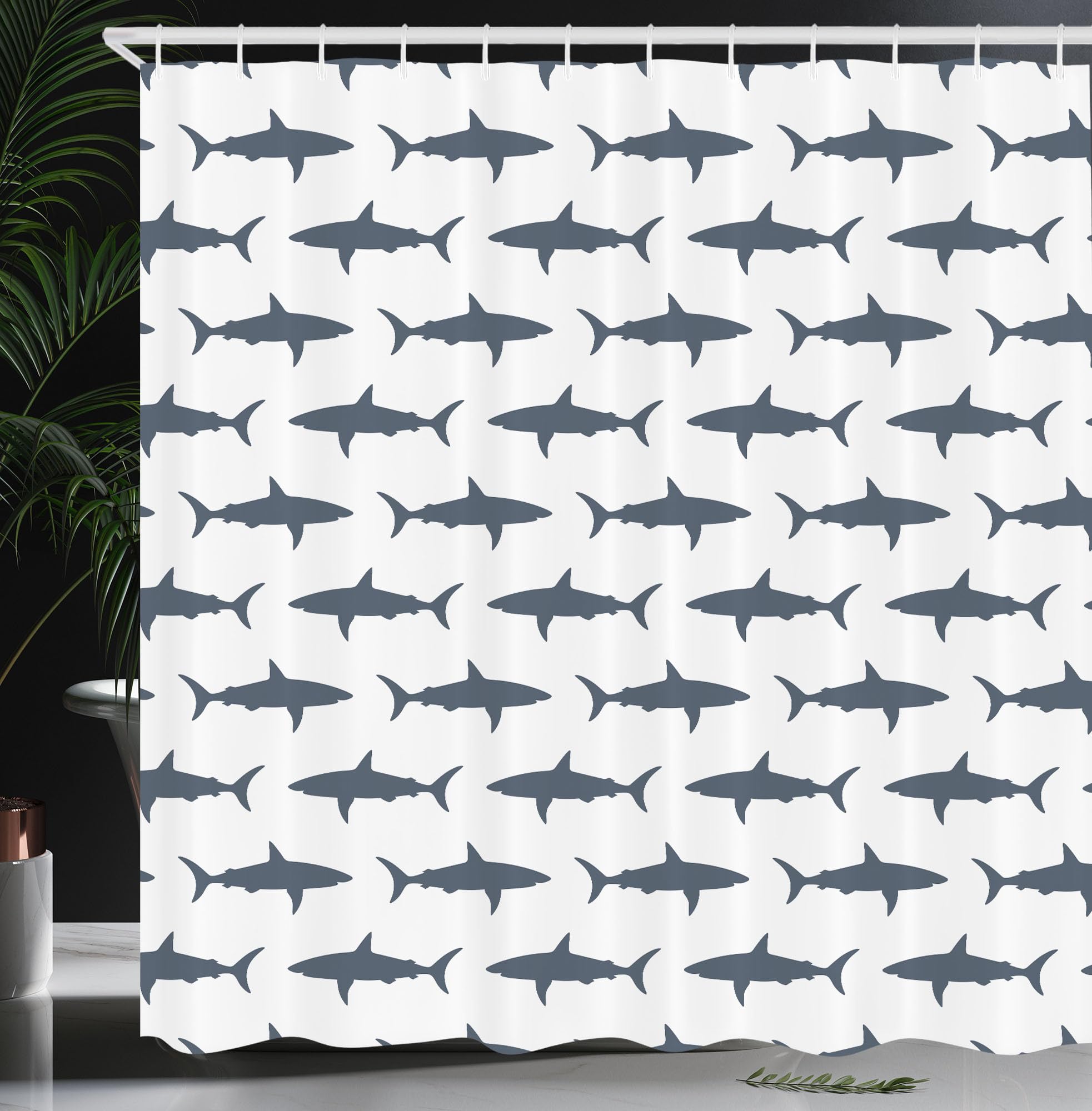 Fish Shower Curtain Set Sea Animals Decor, Sharks Swimming Silhouettes Traveler Powerful Danger Design Pattern, Bathroom Accesso