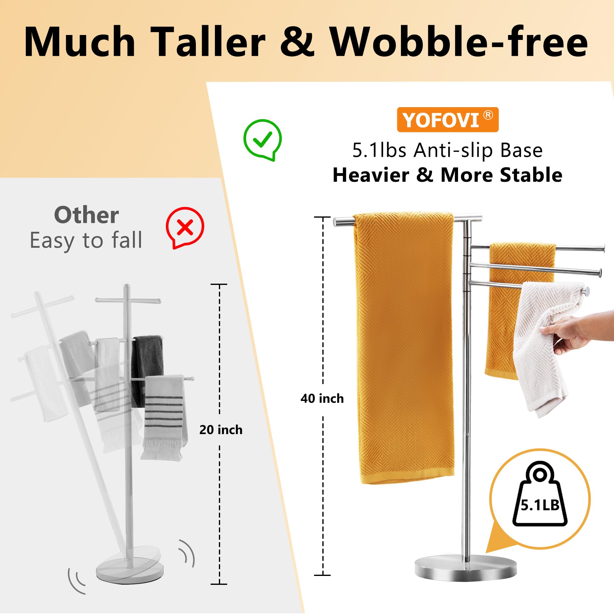 Freestanding Towel Rack, 40 Inch Tall Standing Towel Racks For Bathroom With Weighted Base, Modern Floor Towel Drying Holder Sta