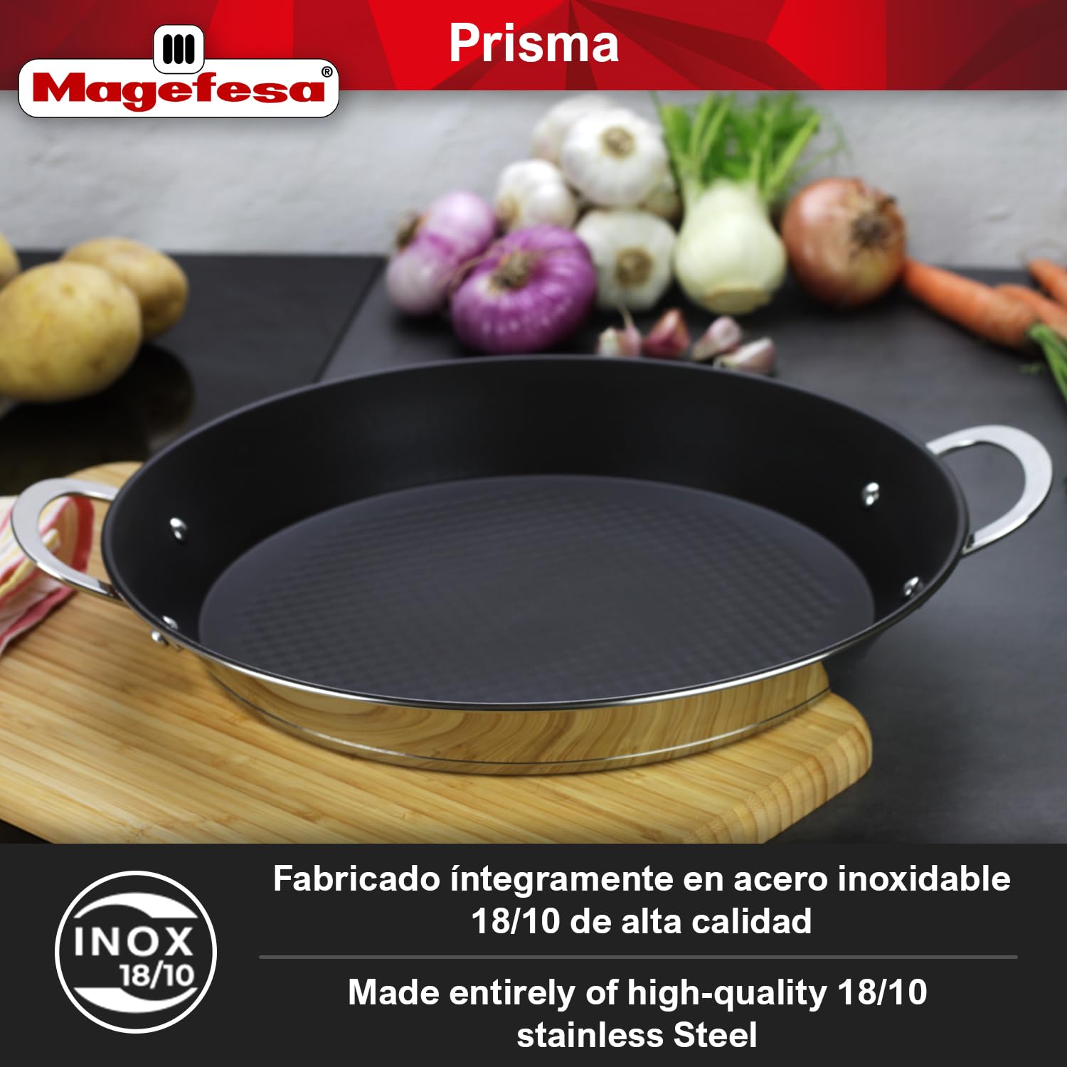 Magefesa Prisma - 13.4 Inches Paella Pan, Made Of 18/10 Stainless Steel, Triple Layer Non-Stick, For All Types Of Kitchens, Indu