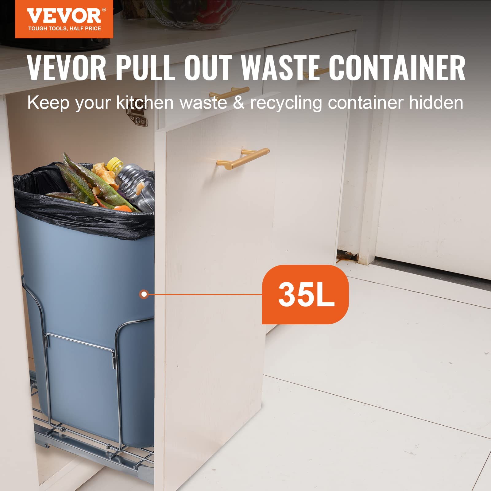 Vevor Pull-Out Trash Can, 35L Single Bin, Under Mount Kitchen Waste Container With Soft-Close Slide, 110Lbs Load Capacity & Door