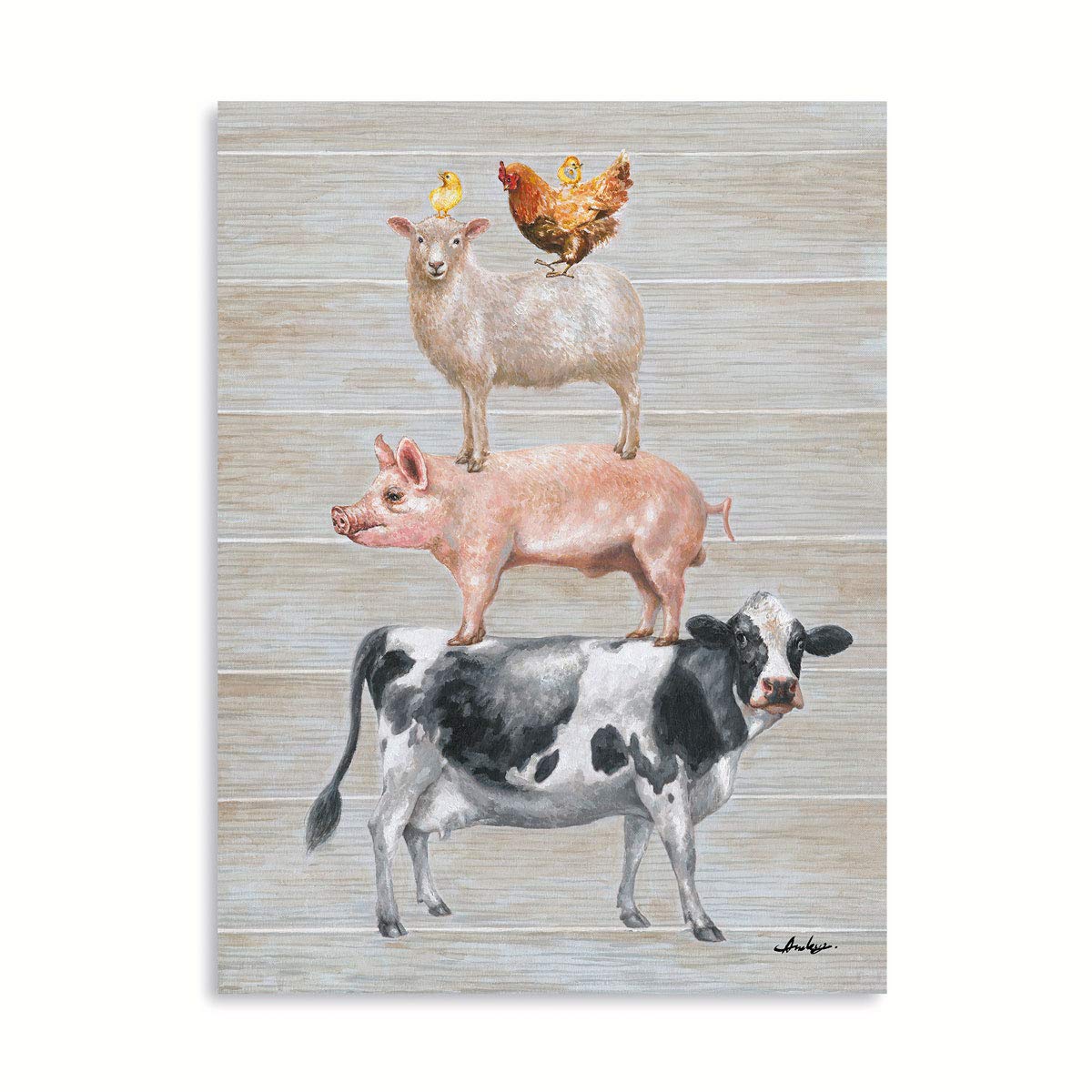 Yidepot Farmhouse Wall Decor Canvas Print: Farm Animals Cow Pig Sheep And Rooster Sit On Top Of Each Other Inspirational Posters
