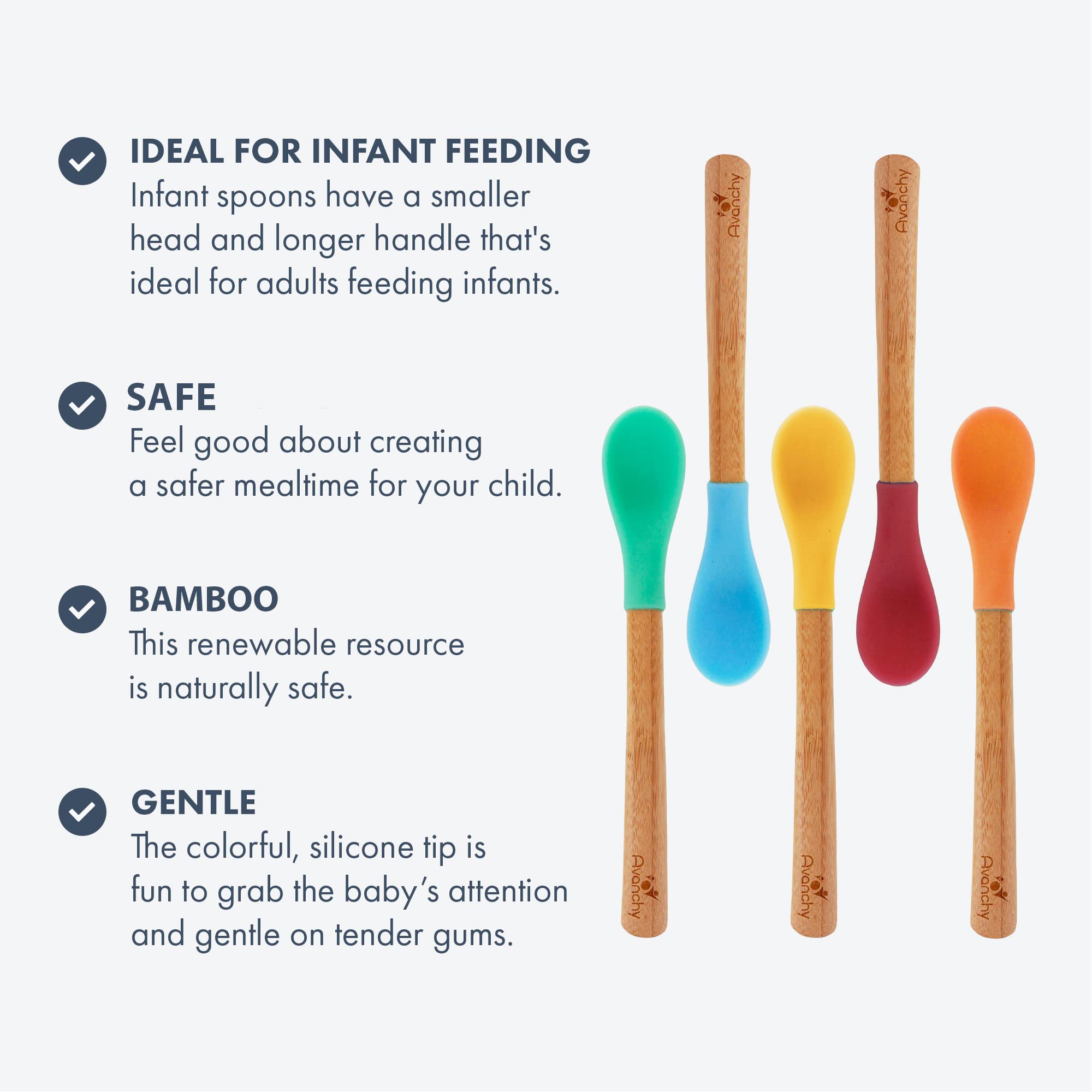 Avanchy Infant Baby Spoons Bamboo and Silicone Set  Self Feeding Food Utensils  4 Months Baby Led Weaning  5 Pack  With Blue Spoon