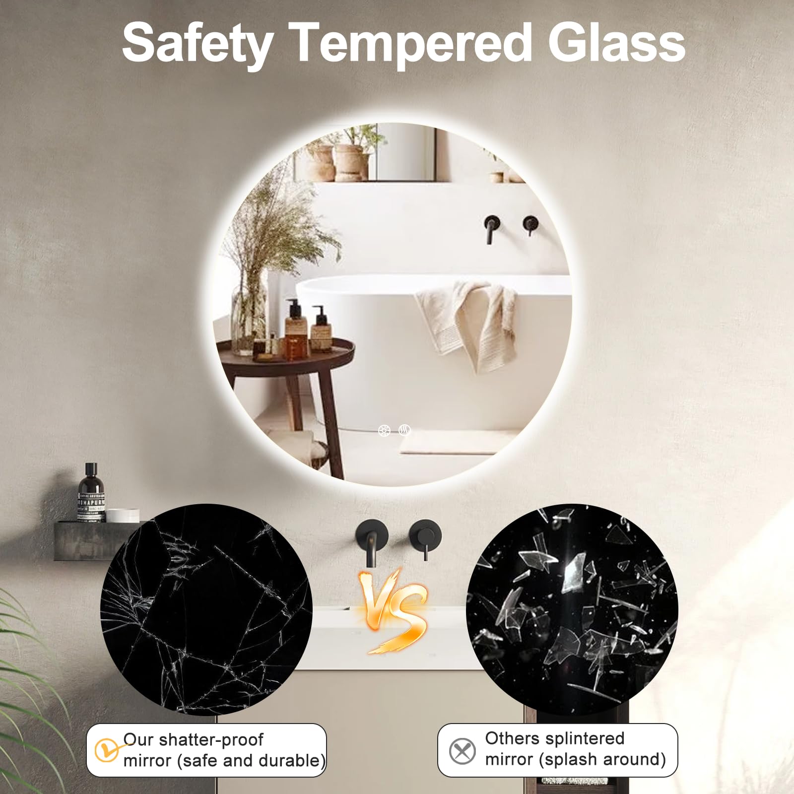 BuLife 32 Inch Round LED Bathroom Mirror Backlit Anti-Fog Wall Mounted Lighted Bathroom Vanity Mirror 3 Colors Light Dimmable Sm