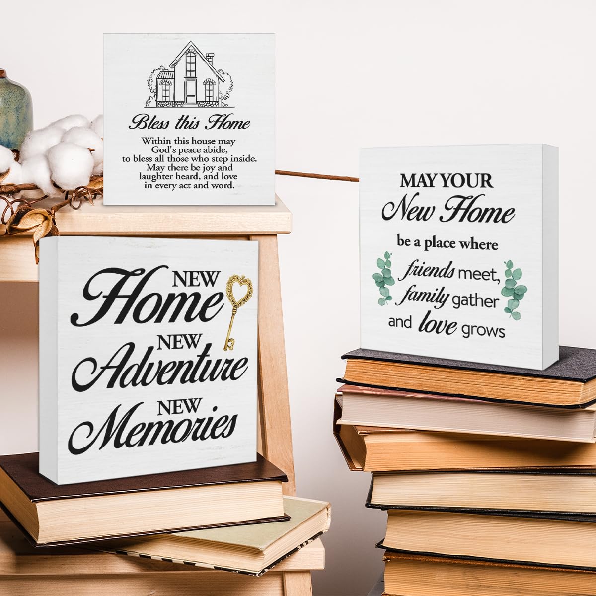 Nvhai 3 Pcs New Home Wood Signs Decor Housewarming Gifts New Home Owner Gifts New Home New Memories Bless This Home Wooden Block