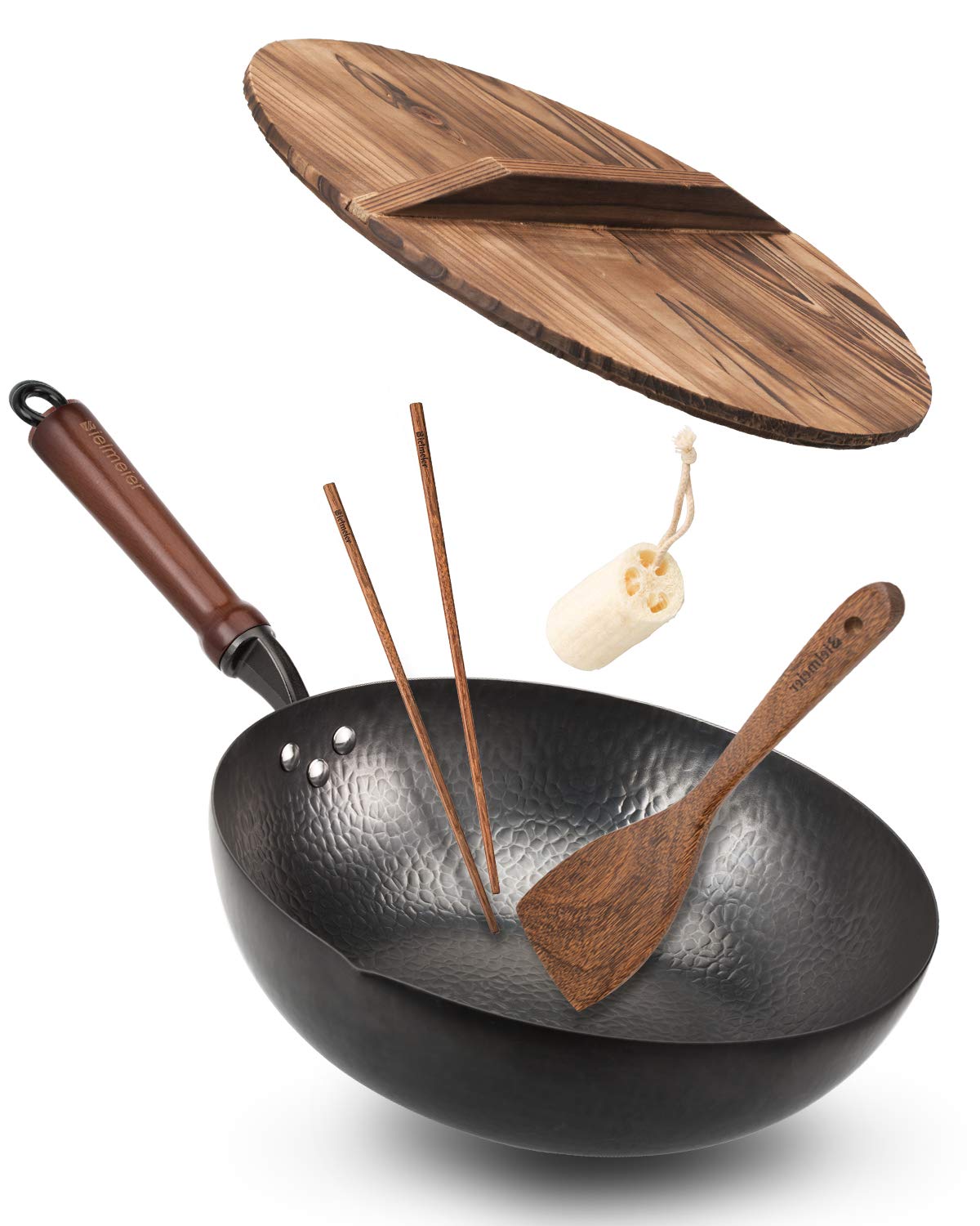 BIELMEIER Wok Pan 12.5, Woks and Stir Fry Pans with lid, Carbon Steel Wok with Cookware Accessories, Wok with Lid Suits for all 