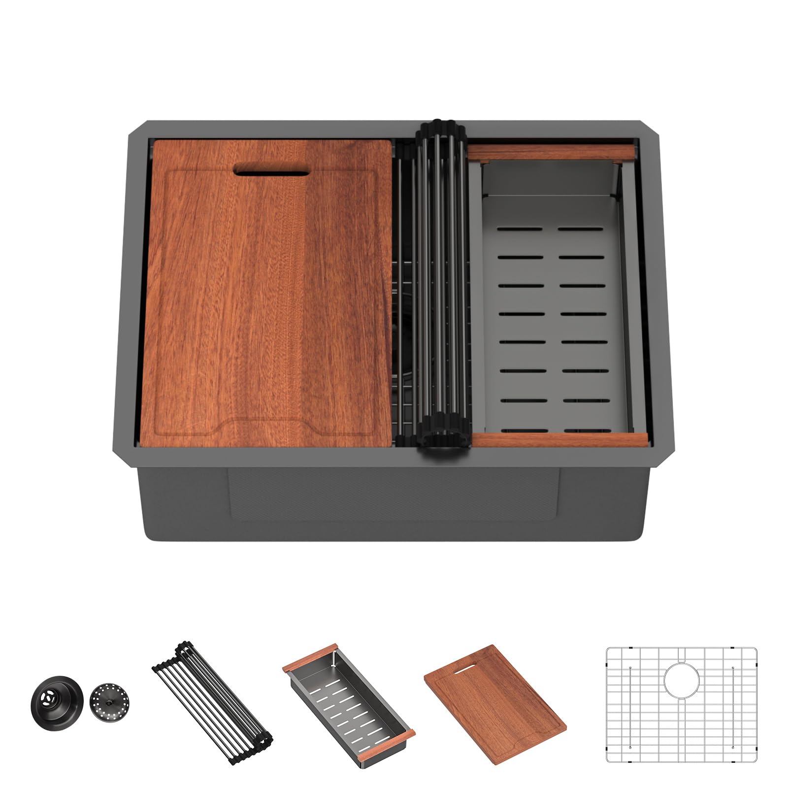 Lordear 25 Inch Black Kitchen Sink Undermount Kitchen Sink Workstation 25X19X10 Gunmetal Black 16 Gauge Stainless Steel Single B