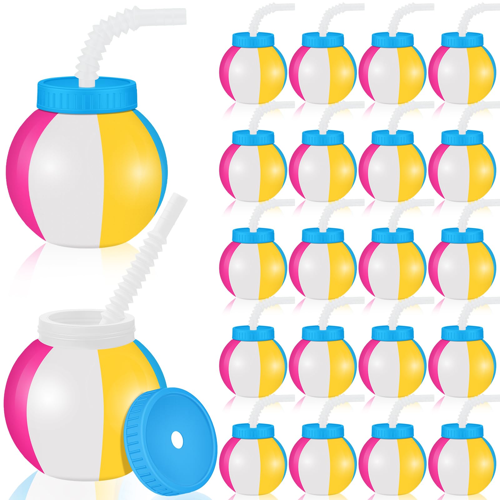 Nuanchu 20 Pcs 14 oz Summer Beach Ball Cups with Straws and Lids Plastic Sipper Reusable Party Cups Bulk Beach Summer Theme Part