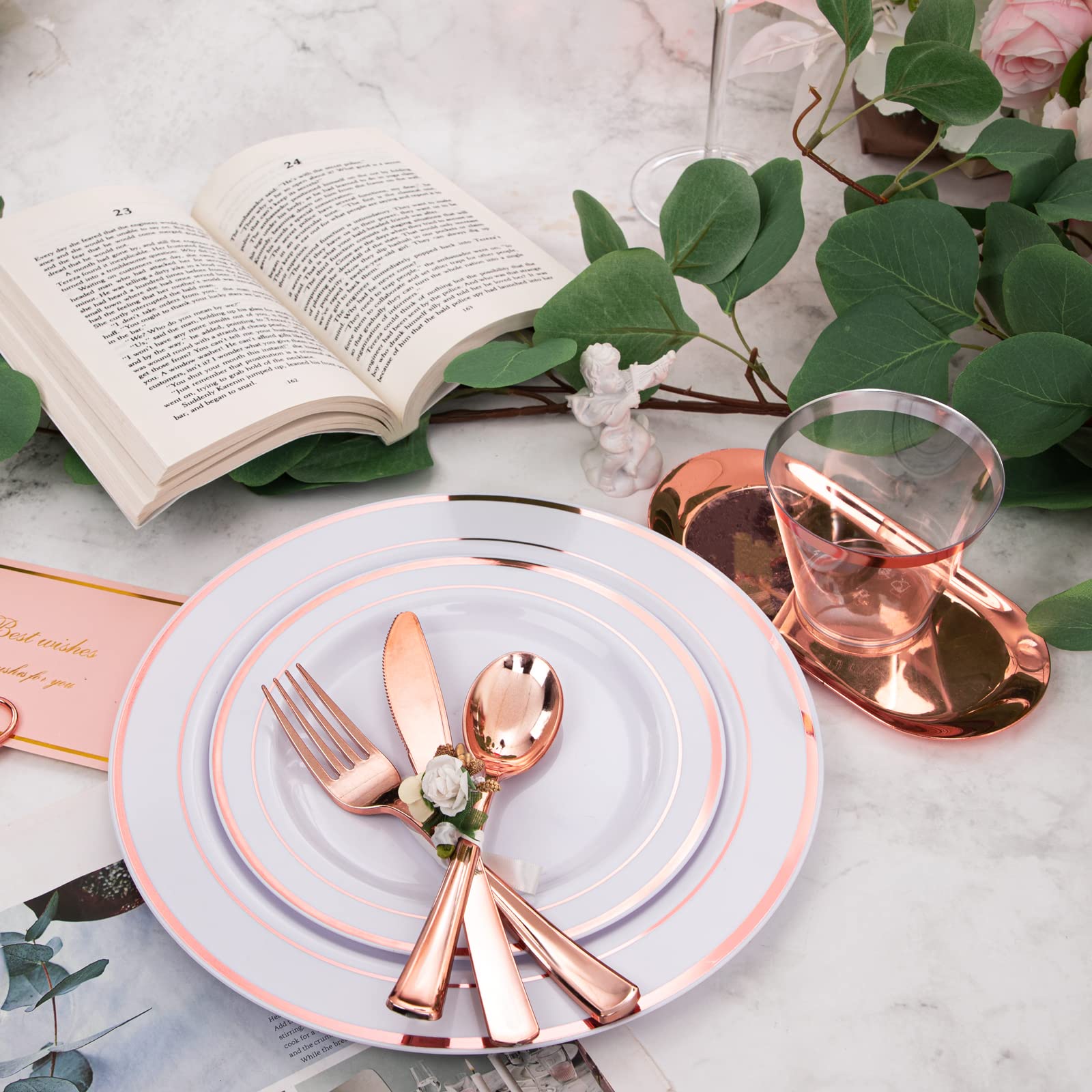 Wellife 350 Pieces Rose Gold Plastic Dinnerware, 50 Guests Disposable Plates With Rose Gold Silverware And Cups 9 Oz, 50 Pre Rol