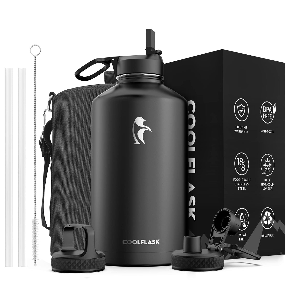 Coolflask Gallon Water Bottle Insulated With Straw&3 Lids, 128 Oz Water Jug Large Stainless Steel Metal Vacuum Wide Mouth For Sp