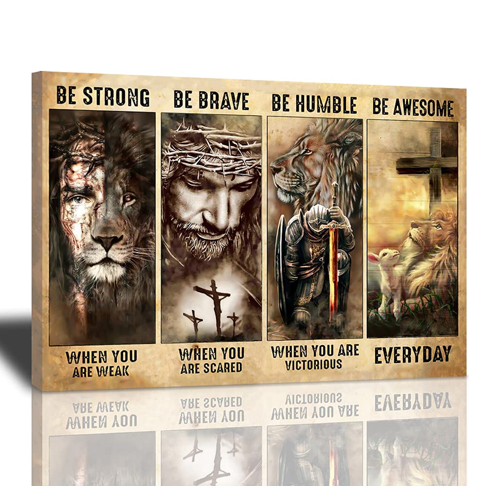 Jesus Decor Wall Art Christian Religious Painting Canvas Cross Warrior Lion And Lamb Be Brave Prints Artwork Best Gift Inspirati