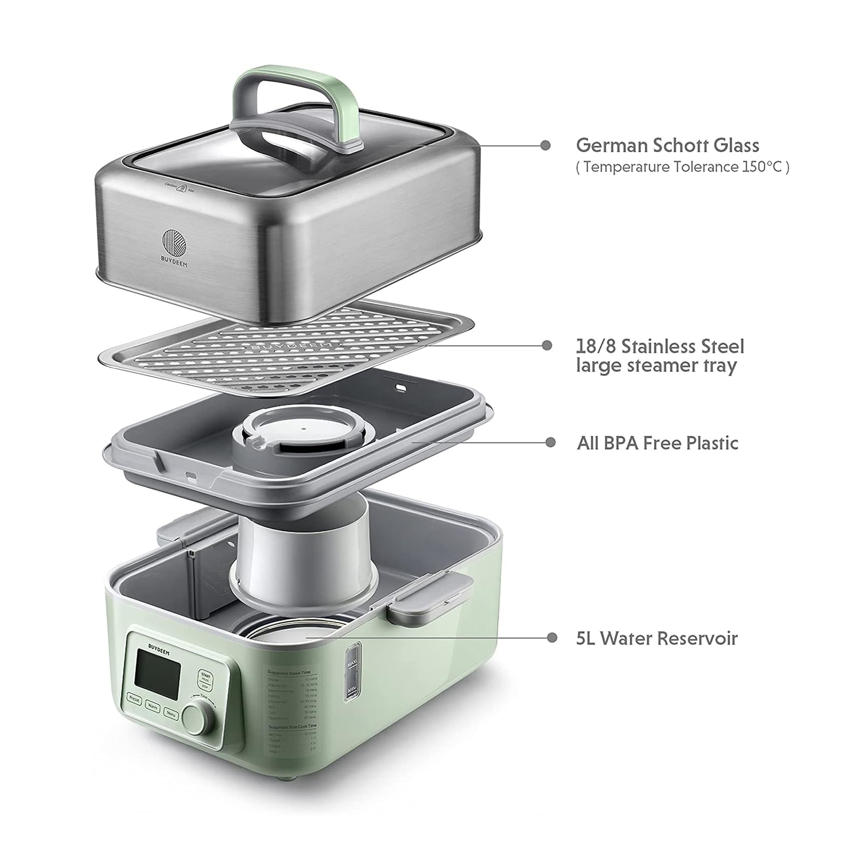 Buydeem G563-A501 Electric Food Steamer For Cooking, 2 Tire Stainless Steel Steamer With Slow Cook Mode, 1500W, 10-Quart, Green