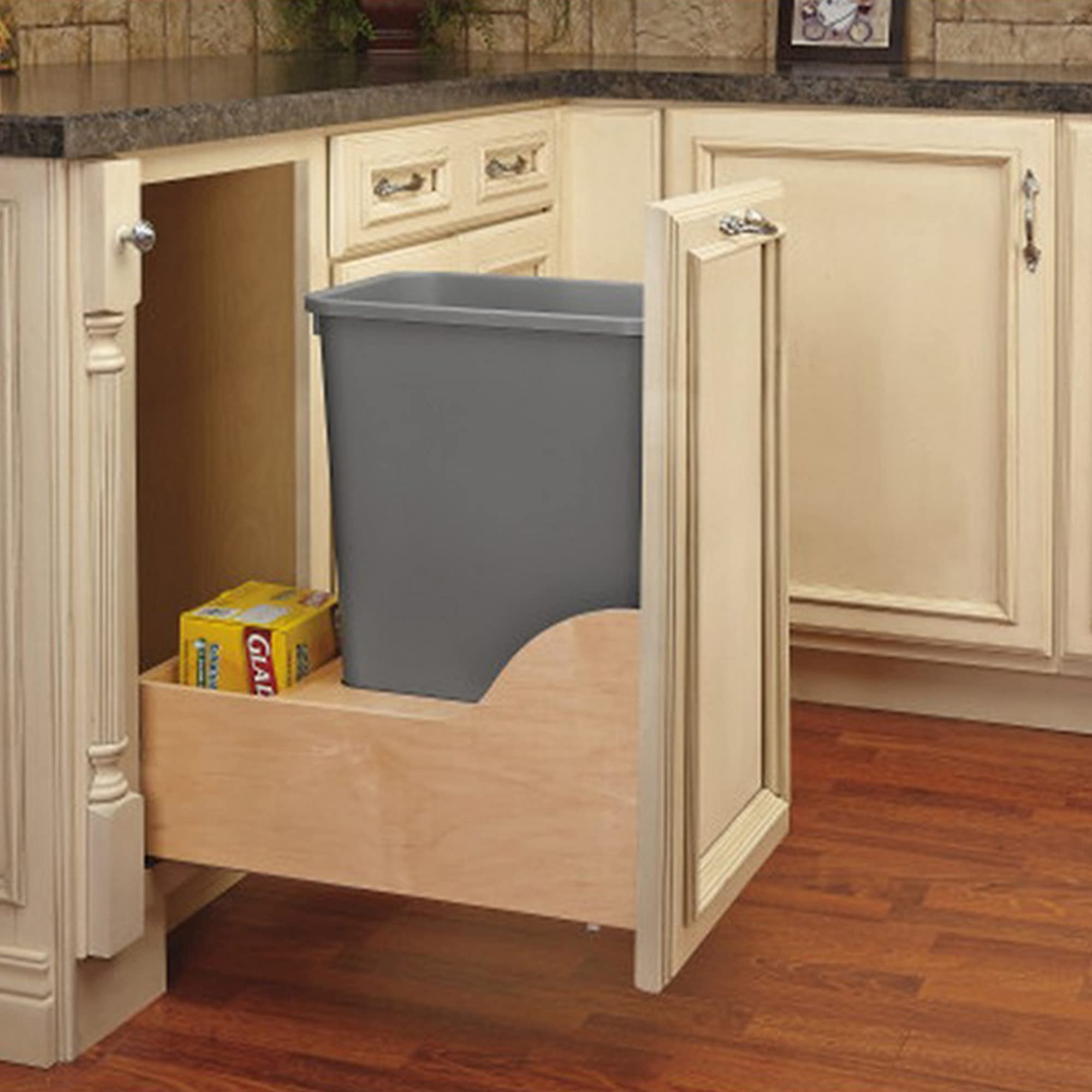 Rev-A-Shelf Pullout Trash Can For Kitchen Cabinet 50 Quart 12.5 Gallon Bottom Mount, Rear Storage, Undermount Soft-Close Slides,