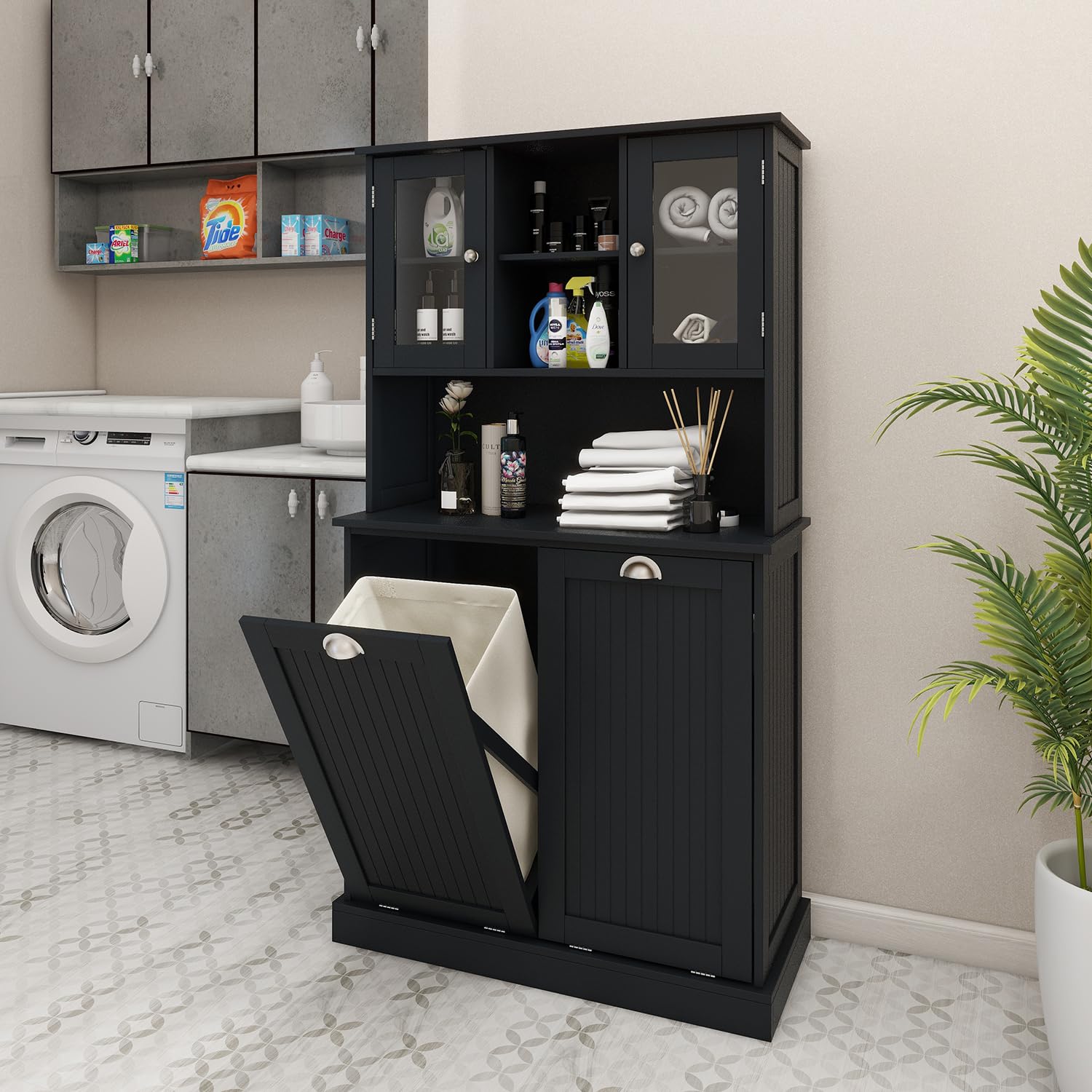 Oqsc Tall Tilt Out Laundry Hamper Cabinet With 2 Removable Baskets, Laundry Room Cabinets And Storage Furniture With Hidden Laun