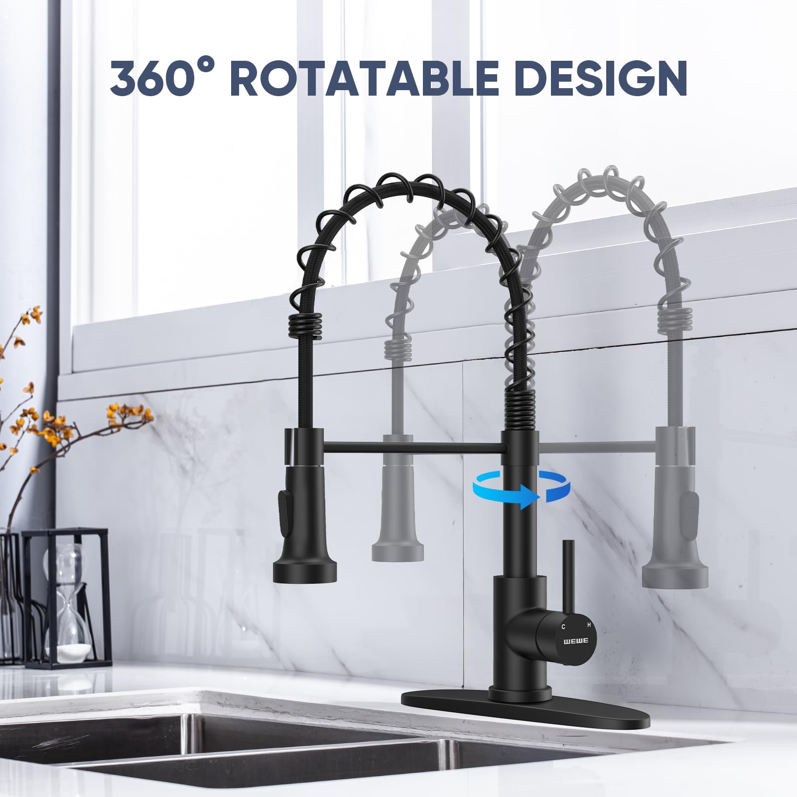WEWE Kitchen Faucets with Pull Down Sprayer Commercial Industrial Stainless Steel Single Handle Single Hole Spring Farmhouse RV Sink Faucet  Matte Black