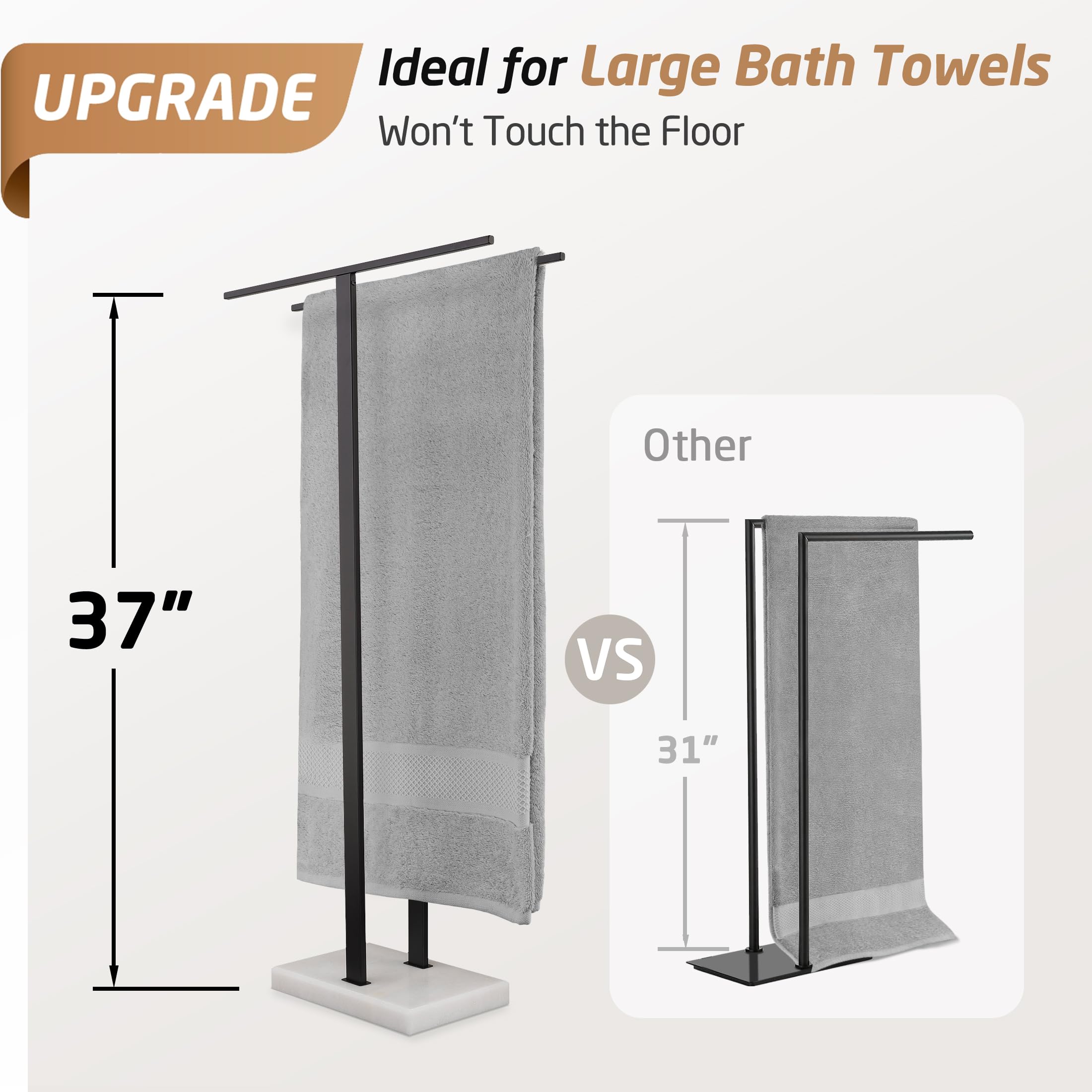 Kes Standing Towel Rack, 37'' H (Equal Height) Towel Rack Stand With Marble Base, Free Standing Towel Racks For Bathroom Floor,
