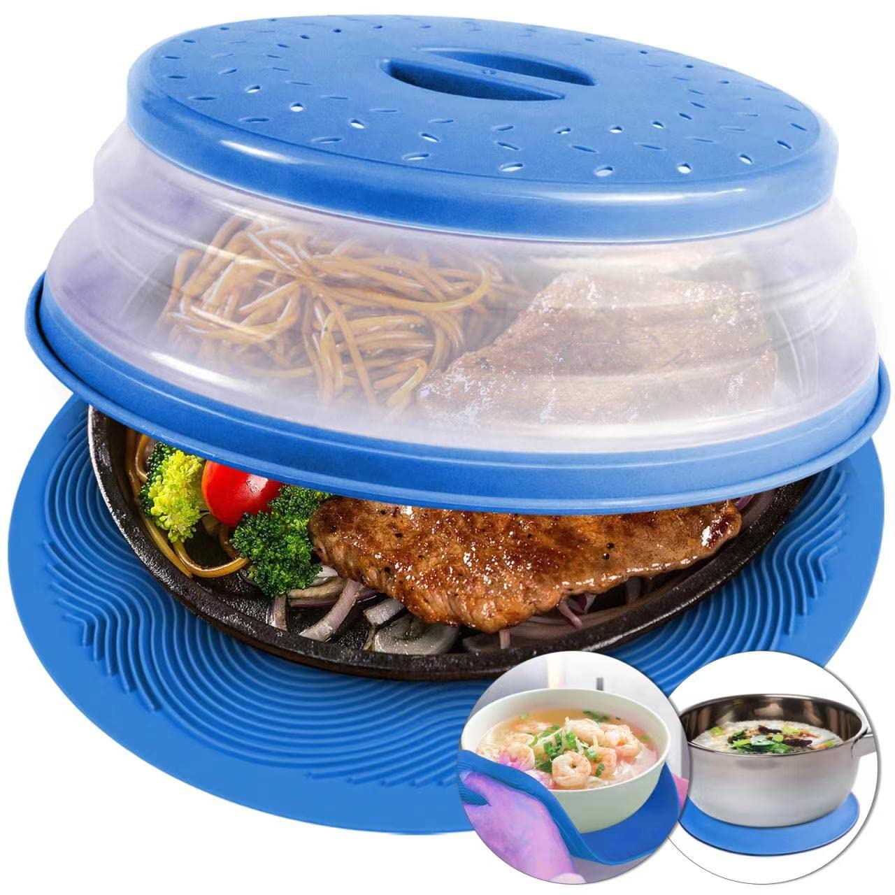 2 in 1, Aidacom Microwave Mat & Food Cover- Mat as Bowl Holder, Cover for Splatter Guard, Multi-use: Silicone Trivet, Pot Holder