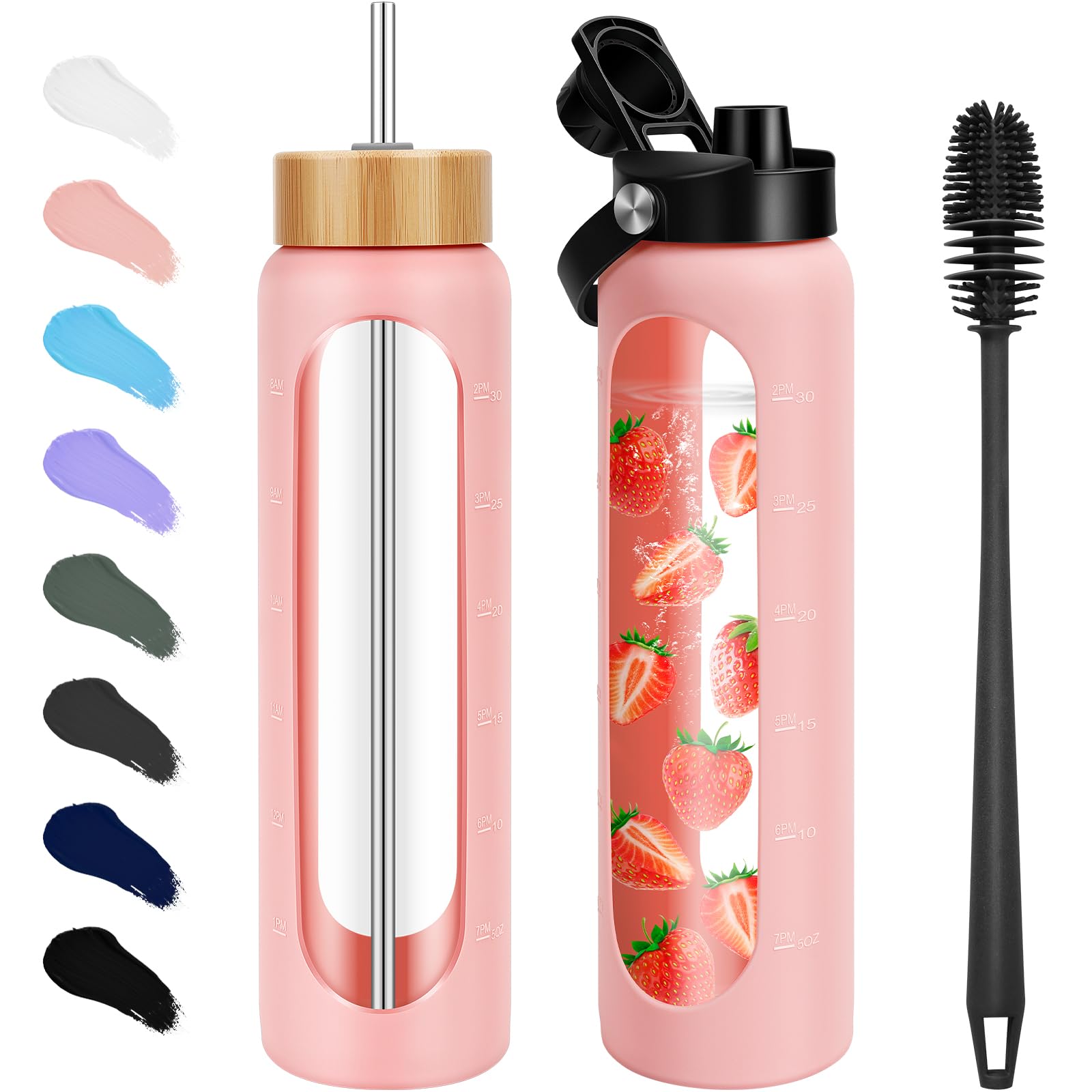 FULBEVY 25 oz Glass Water Bottles - Motivational Tumbler With Time Marker - Borosilicate Glass With Silicone Sleeve and 2 Lids, 