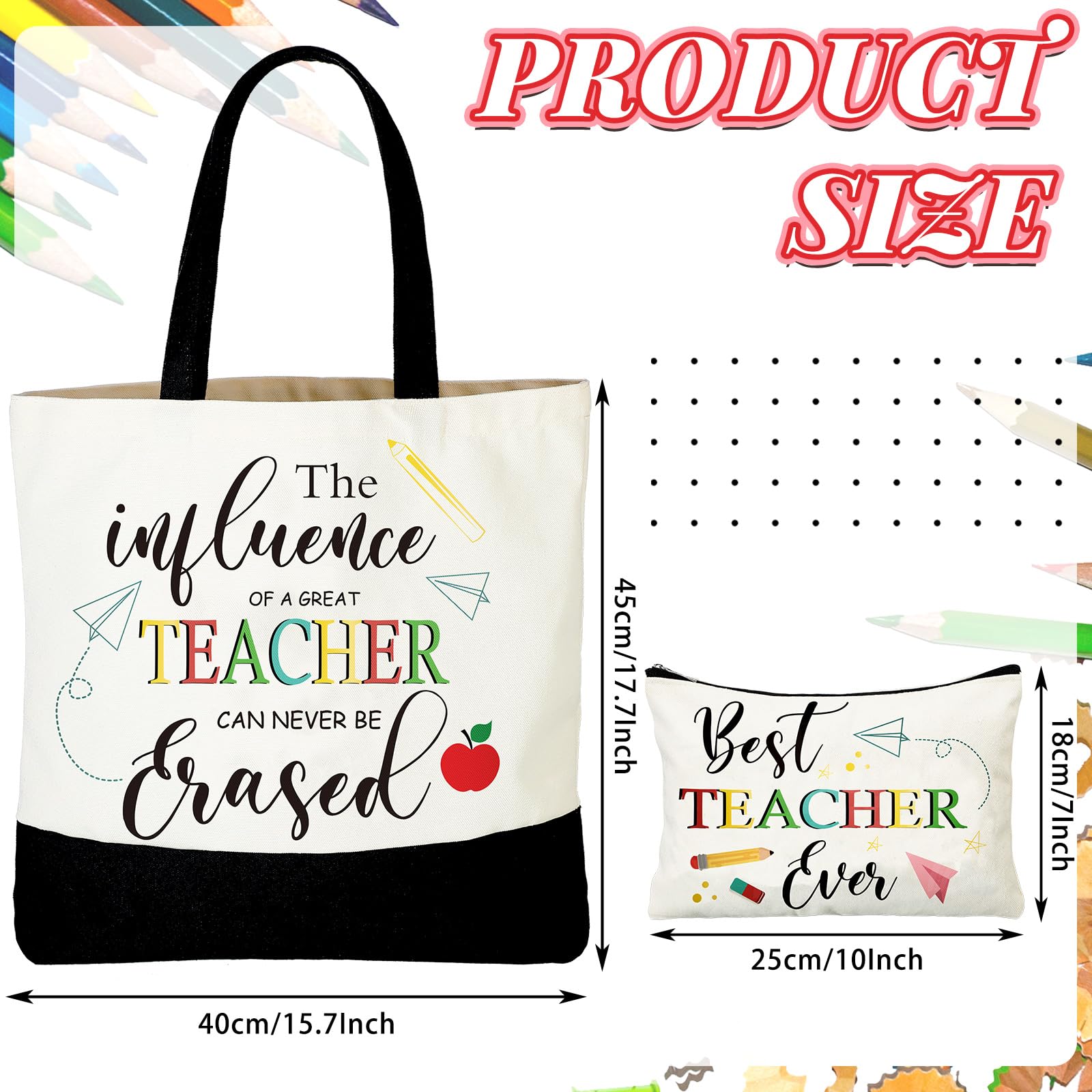 2 Pcs Teacher Appreciation Gift Set - Rainbow Christmas Canvas Tote With Makeup Bag, Survival Kit for Xmas and Graduation (Words