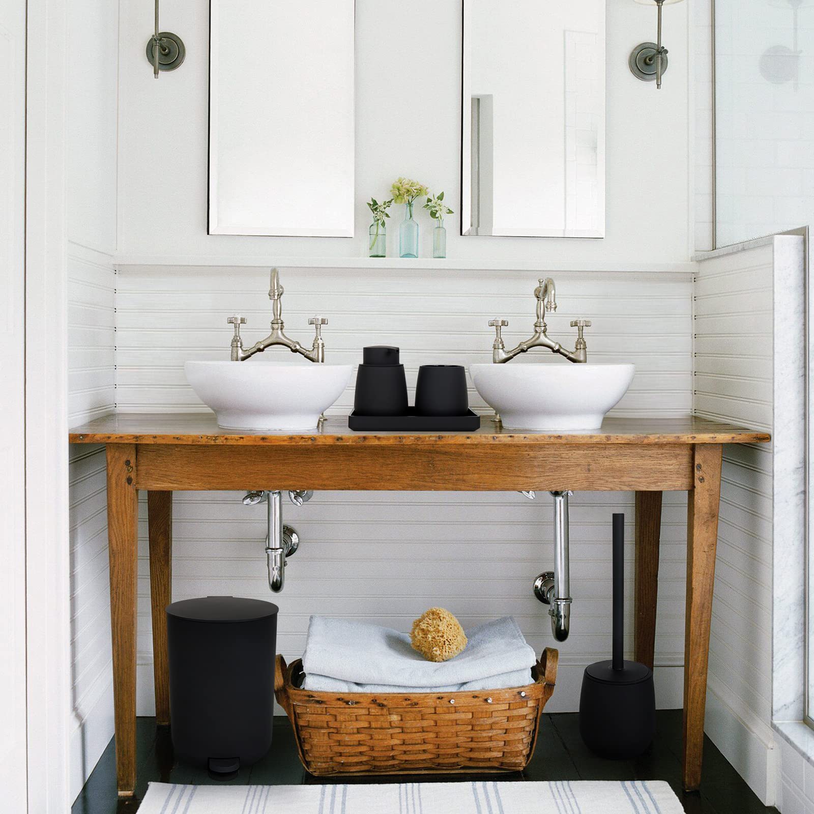 Gahefy Black Bathroom Accessories Set With Small Trash Can 3 Liter/0.8 Gallon,Toothbrush Holder,Soap Dispenser,Vanity Tray,Toile