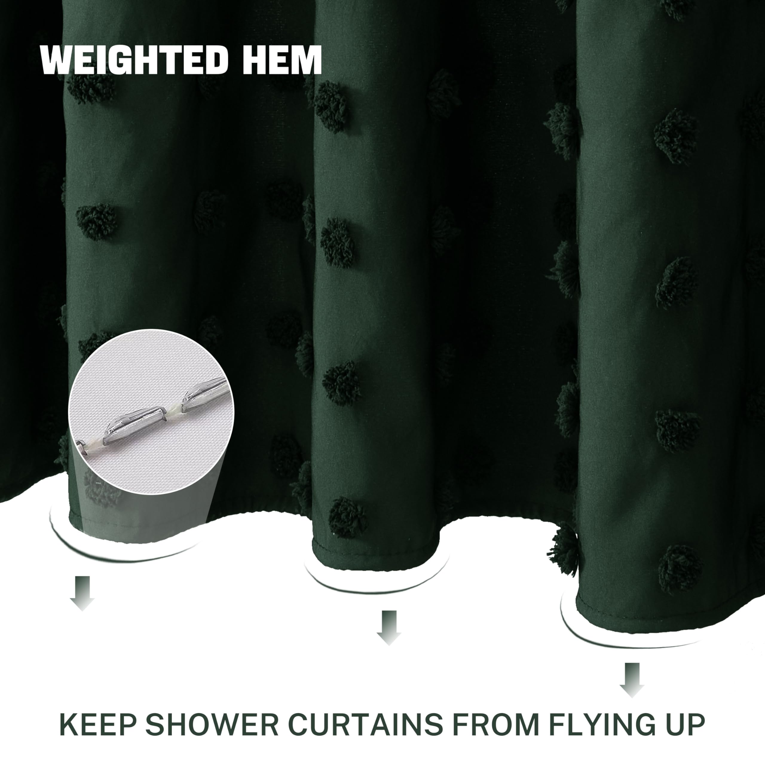 Boho Farmhouse Dark Green Shower Curtain Woven Fabric Shower Curtain, 72 X 72 Tufted Pleat Floral Puffs Textured Modern Farmhous