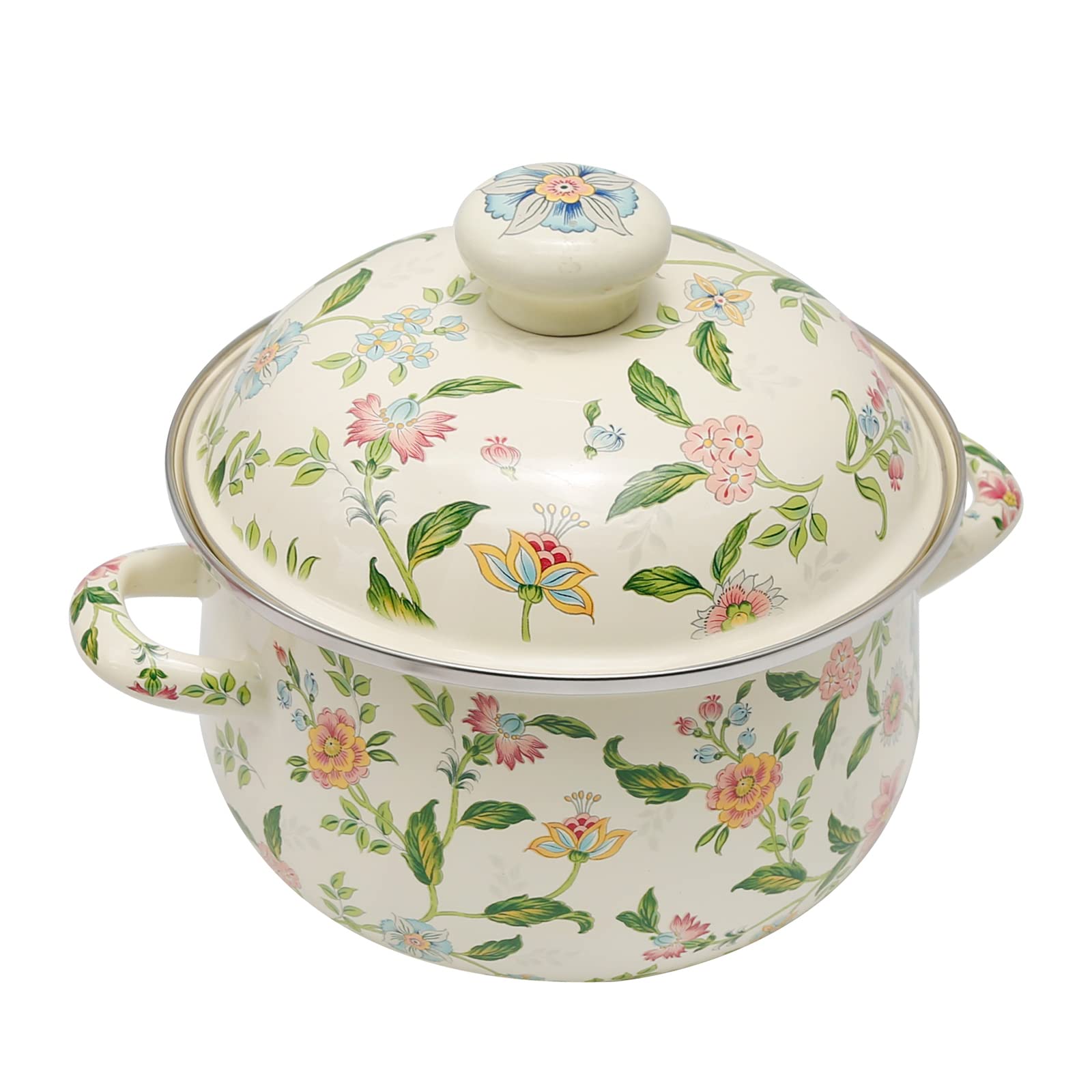 Vikksaer 2.8 Qt Vintage Enamel Simmer Pot, Green Floral Enamel Stock Pot, Deep Vintage Cookware With Dural Handle For Stove Top,