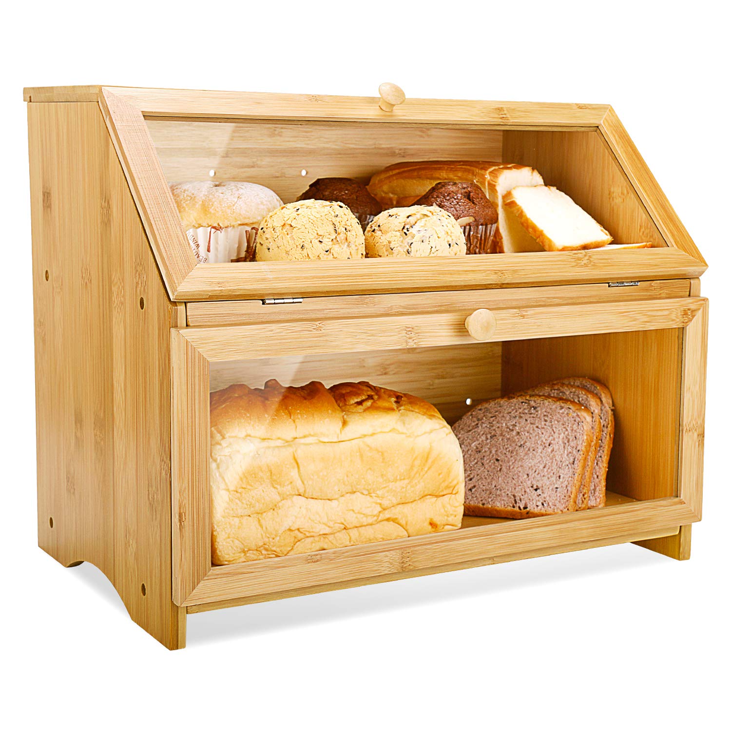 Homekoko Double Layer Large Bread Box For Kitchen Counter, Wooden Large Capacity Bread Storage Bin (Natural Bamboo)