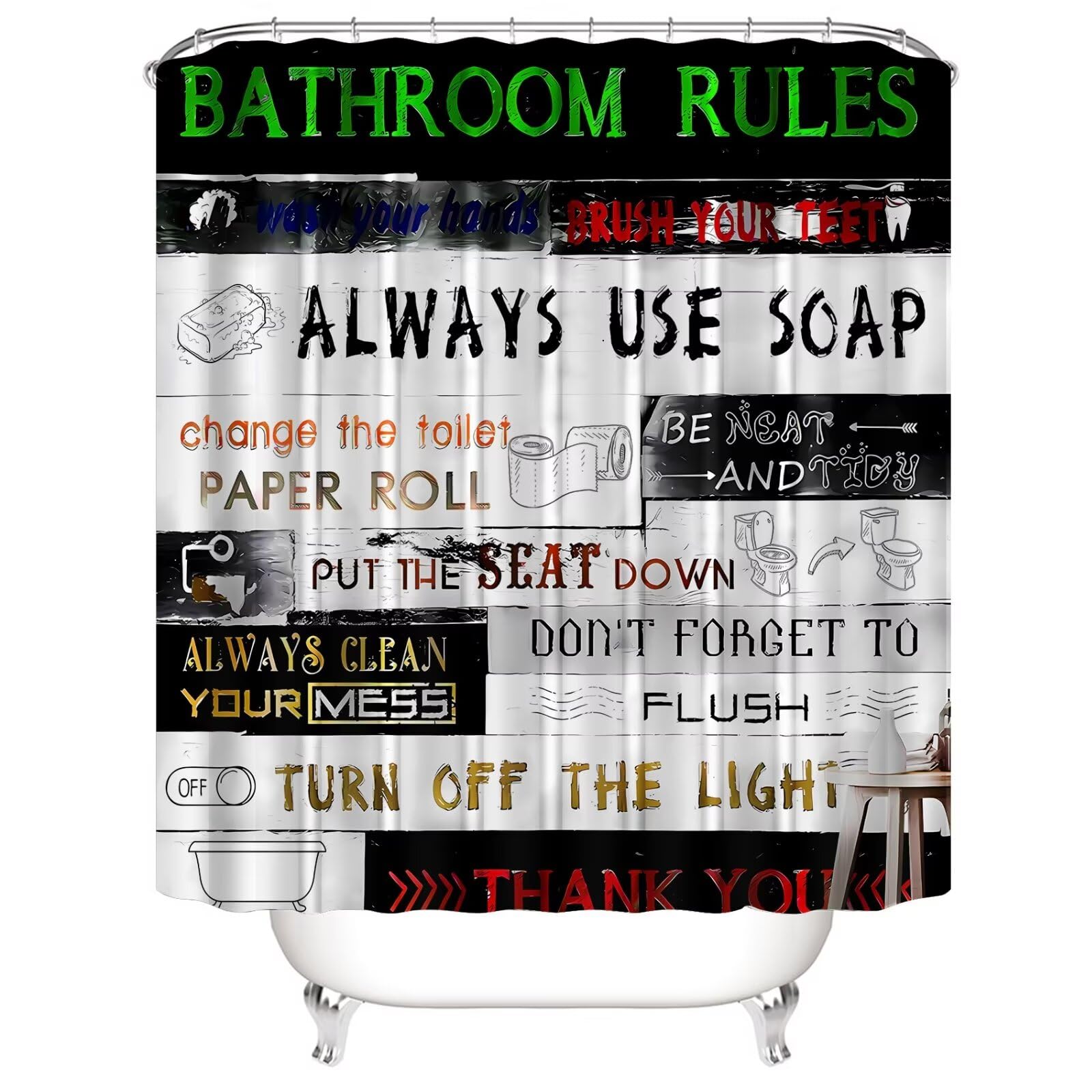 Azhm Letter Plank Pattern Shower Curtain Set For Bathroom 4 Pcs Black Bathroom Accessory Decor Sets With Shower Curtain And Rugs