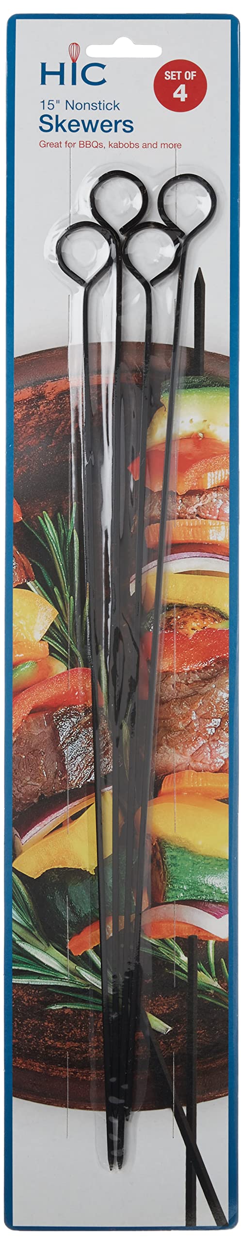 Hic Kitchen Reusable Nonstick Barbecue And Grilling Shish Kabob Skewers With Ring-Handle Top, 15-Inches Long, Set Of 4