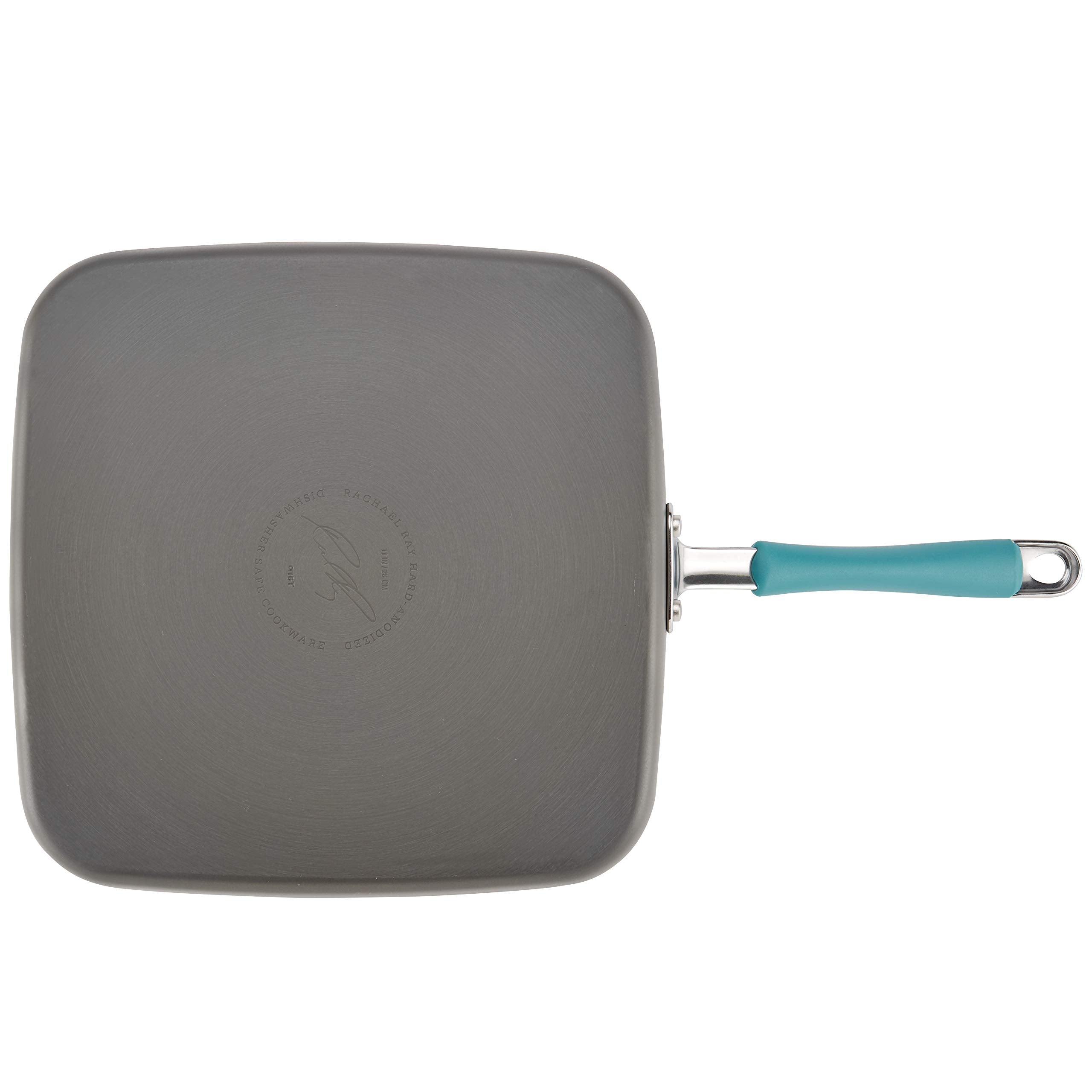 Rachael Ray Cucina Hard Anodized Nonstick Griddle Pan/Flat Grill, 11 Inch, Gray With Agave Blue Handle