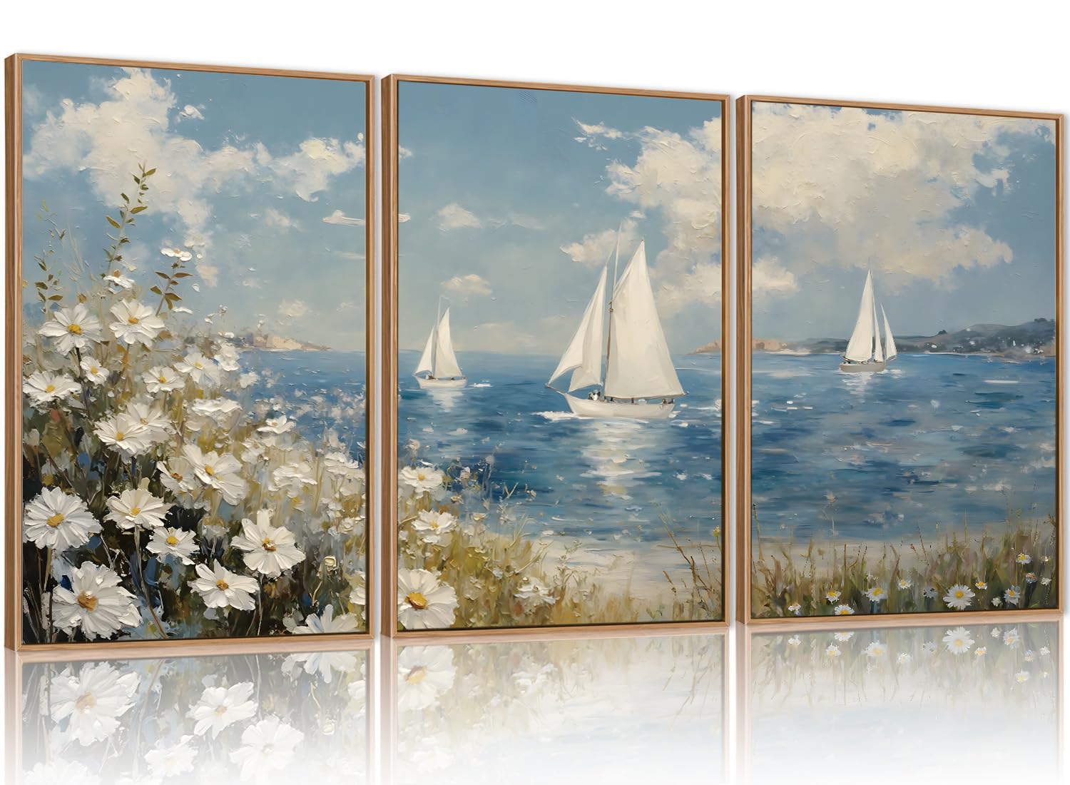 Fwiexa Coastal Wildflower Canvas Wall Art Framed, Ocean Boat Pictures Wall Decor, Beach Flower Seascape Painting, Blue Sky 3 Pie