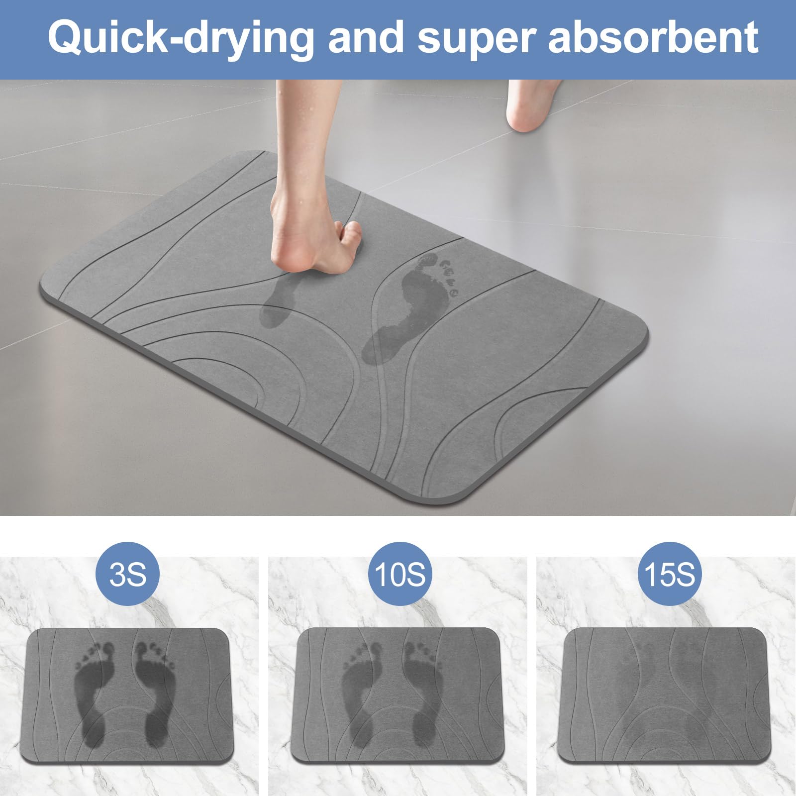 Humiga Stone Bath Mat, 2 Pack Diatomaceous Earth Shower Mat, Non-Slip Super Absorbent Quick Drying Bathroom Floor Mat, 24X15, Gr