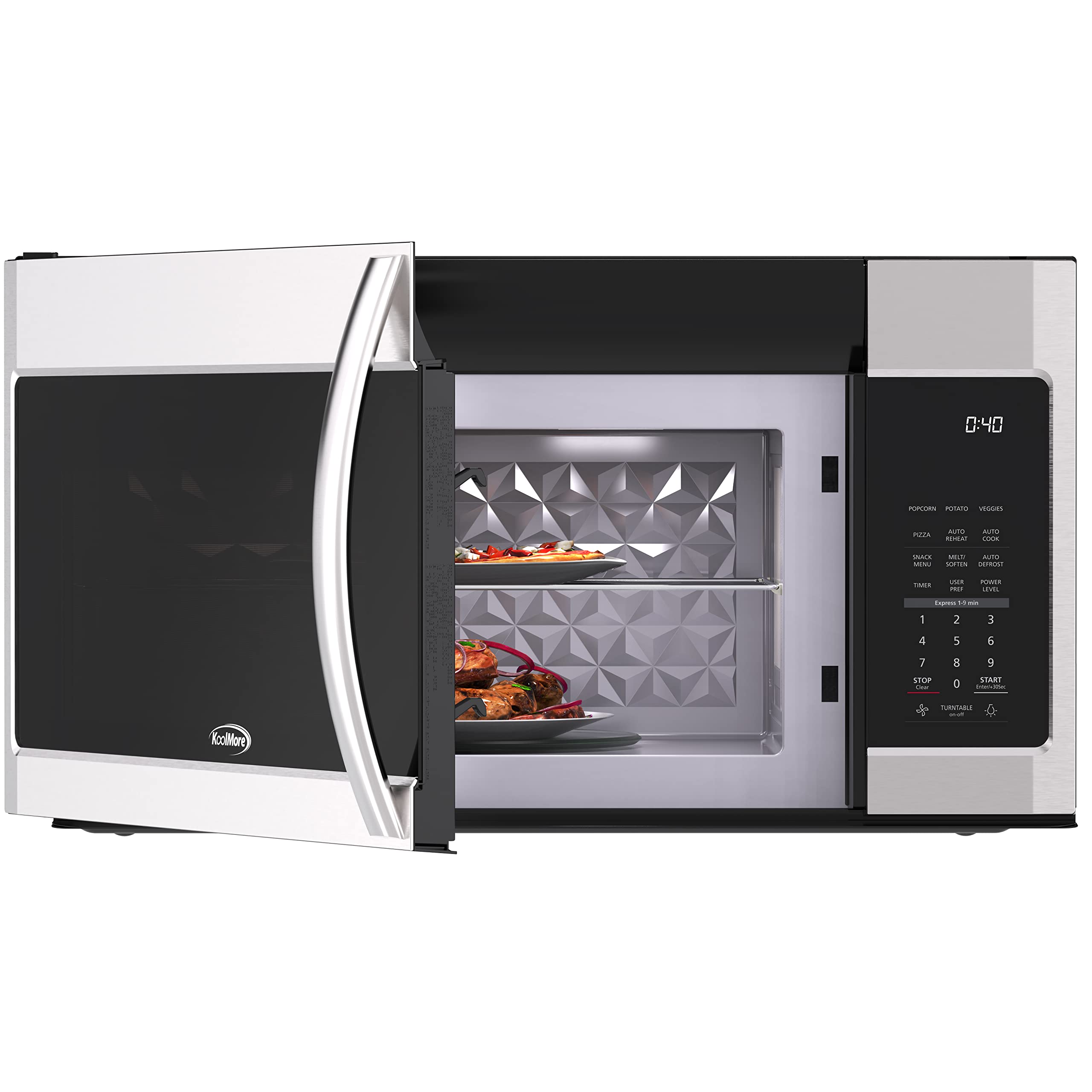 KoolMore 1.9 Cu. Ft. Over the Range Microwave Oven with Oven Lamp and 300CFM Recirculation Vent Hood Function, Auto Cook Menus, 