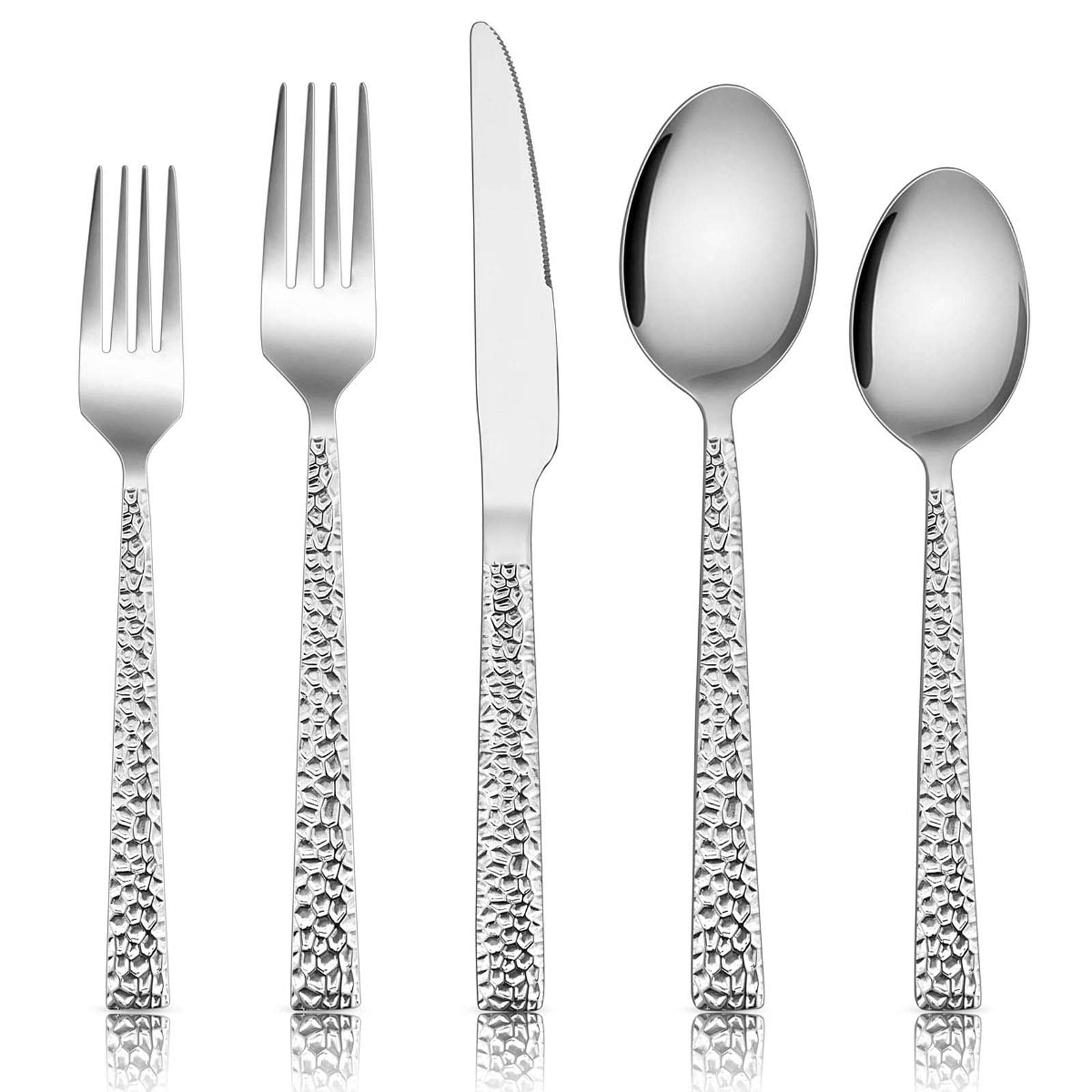 E-Far 60-Piece Silverware Set, Hammered Stainless Steel Square Flatware Cutlery Set For 12, Tableware Set Eating Utensils For Ho
