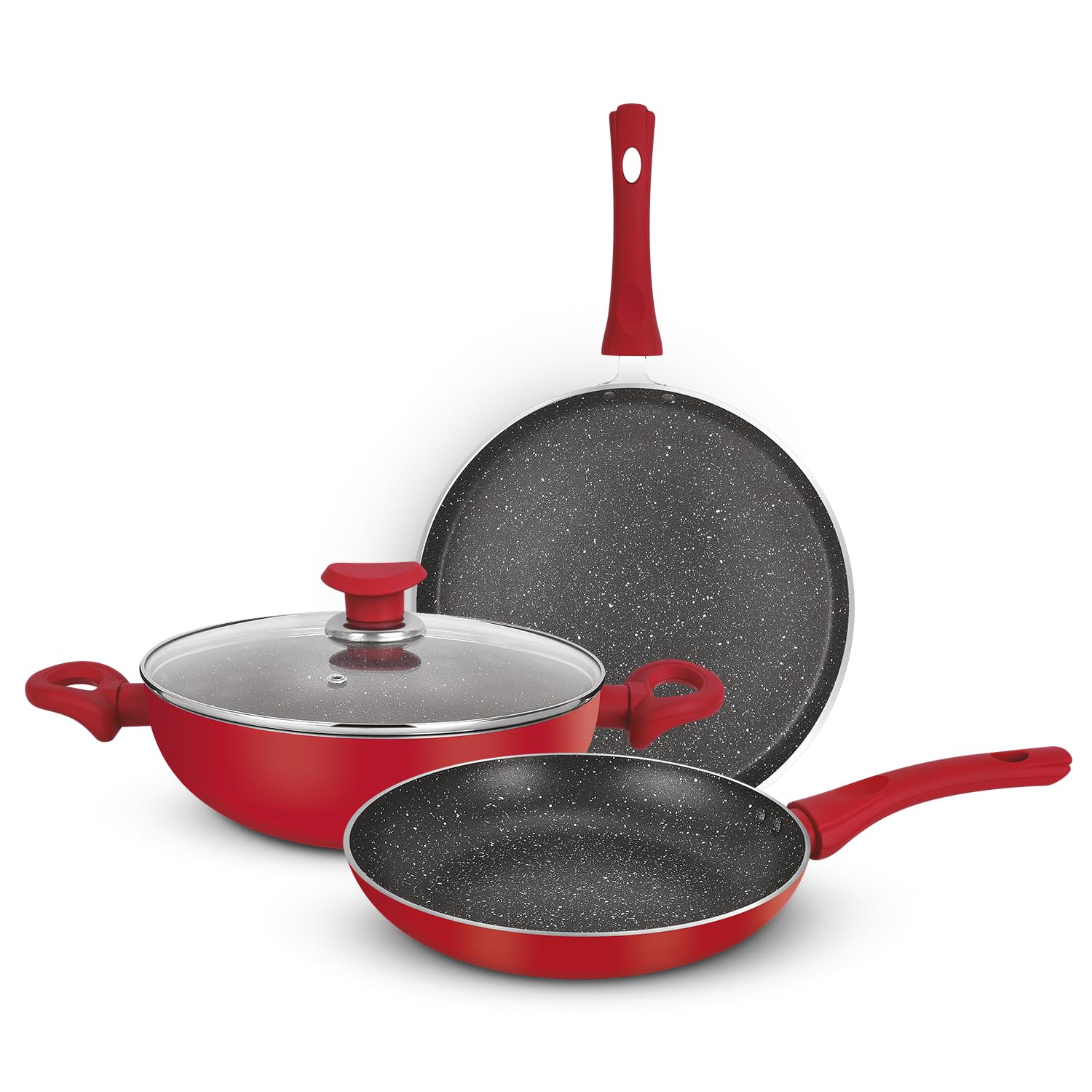 Bergner Bellini Plus Non-Stick 4 Pcs Cookware Set - 24Cm (2.5 L) Kadai With Glass Lid, 24Cm Frypan And 28Cm Tawa, Soft Touch Han