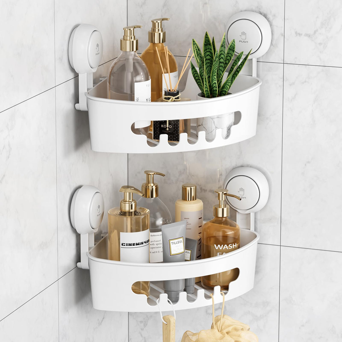 Leverloc Corner Shower Caddy Suction Cup, 2 Pack Shower Caddy Basket Powerful Suction Bathroom Shower Shelf Waterproof & Oil-Pro