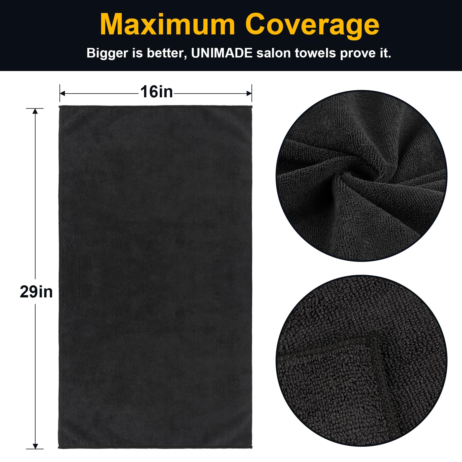 UNIMADE Salon Towels 24 Pack, Microfiber Barber Towel Bulk, (16x29 inches) Fast Drying Hair Towels Super Soft Black Hand Towels