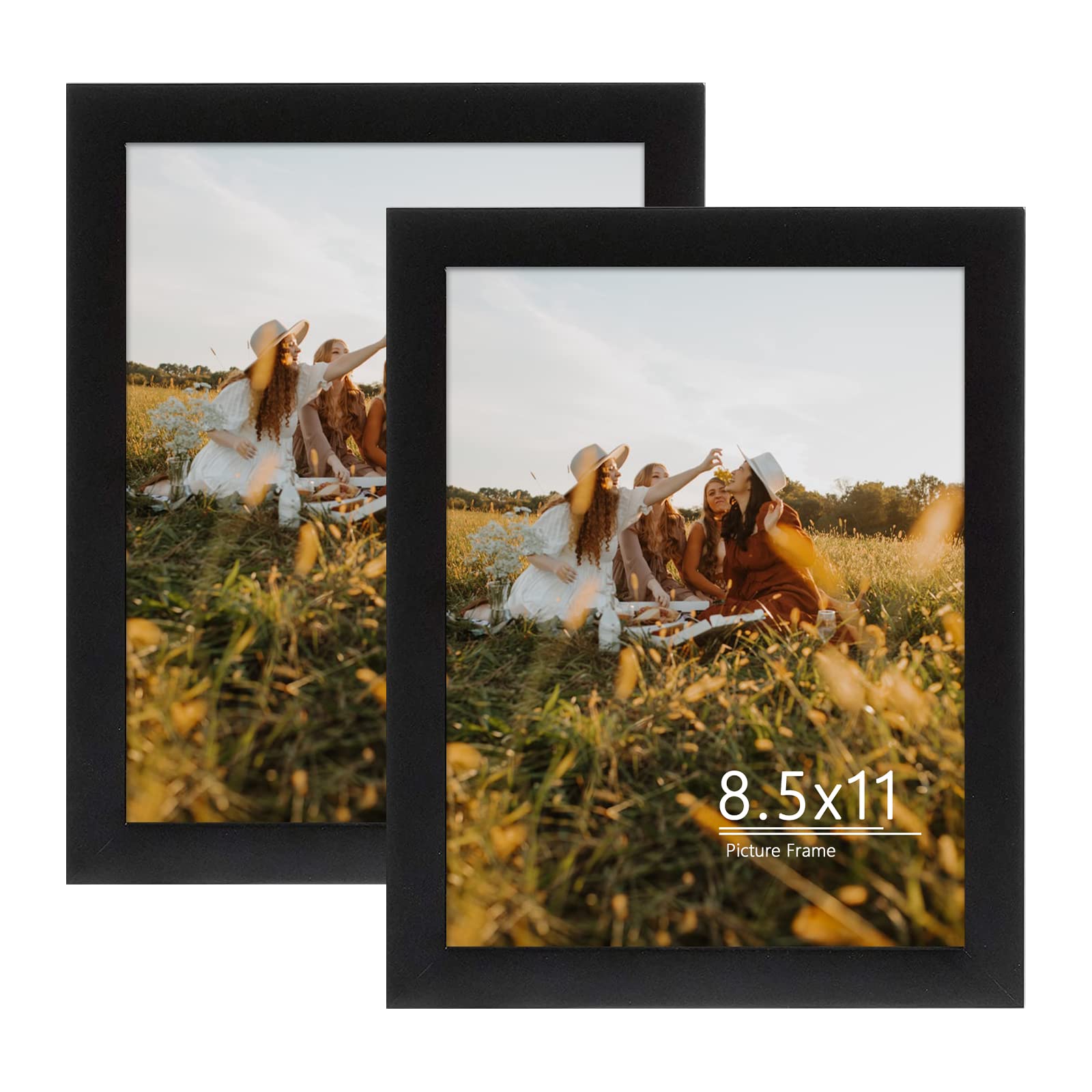 Frametory, 8.5x11 Picture Frame - Solid Wood -Black Molding - Tempered Glass Front, Portrait, Wall Gallery Frame (Black, 2 Pack)
