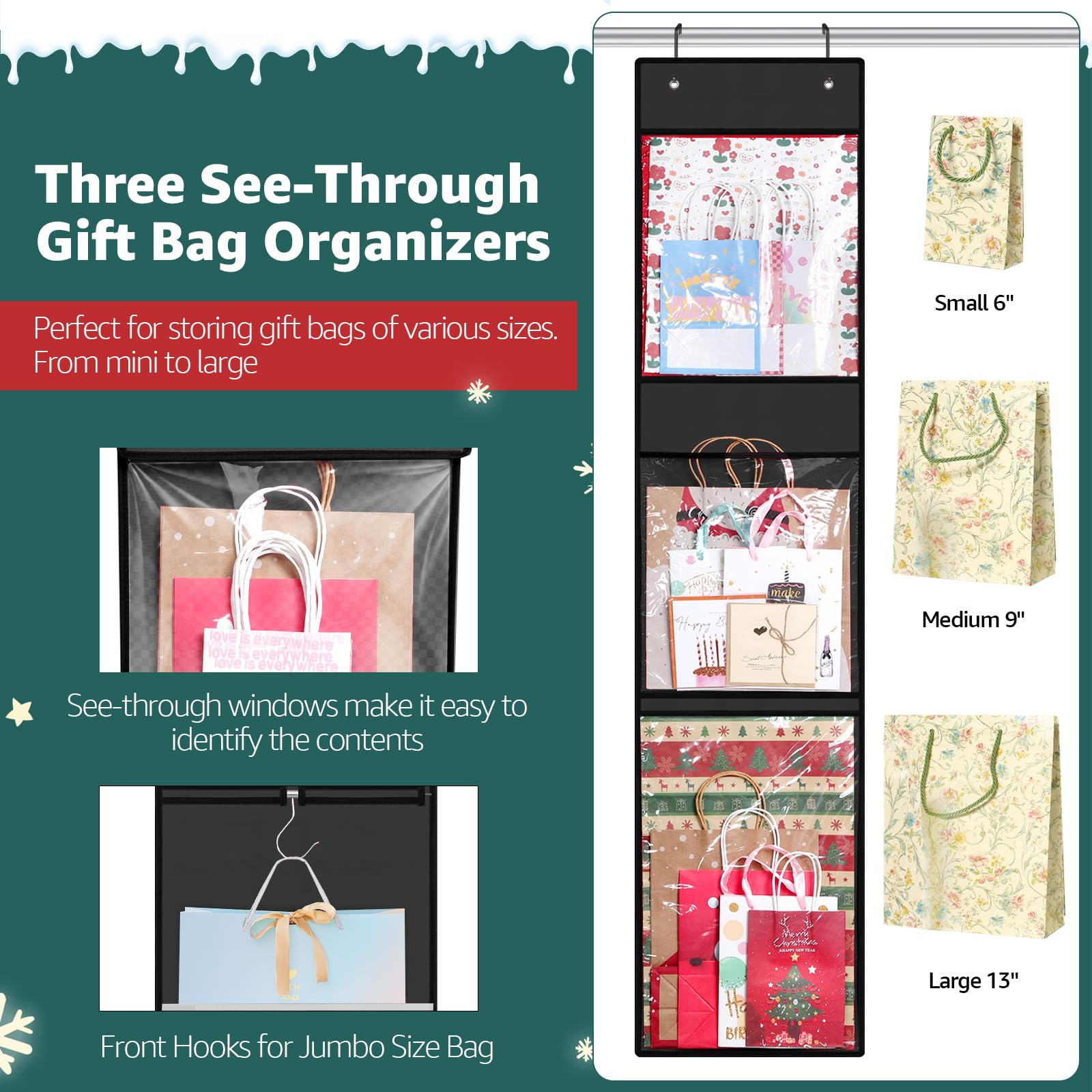 Wrapping Paper Organizer Storage, Double-Sided Hanging Gift Wrap Roll Holder For Christmas, 63''X13'' Over Door Present Bag Cont