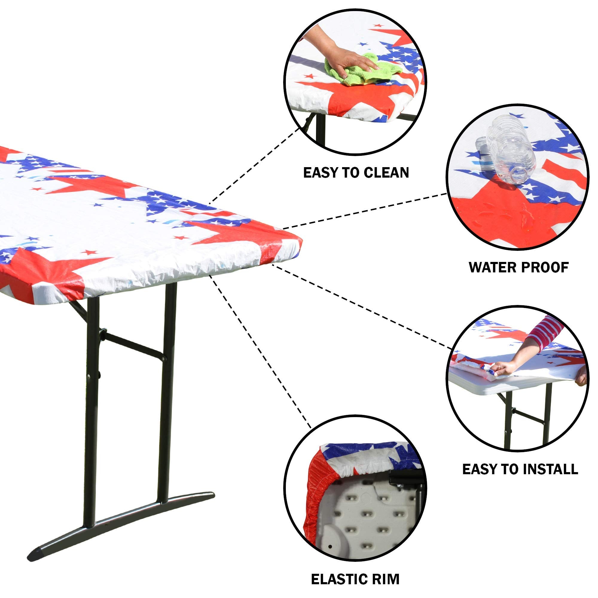 Tablecloth Plus Patriotic Elastic Fitted Tablecloth For Folding Table - Waterproof Rectangular Peva Vinyl Cover With Elastic Rim