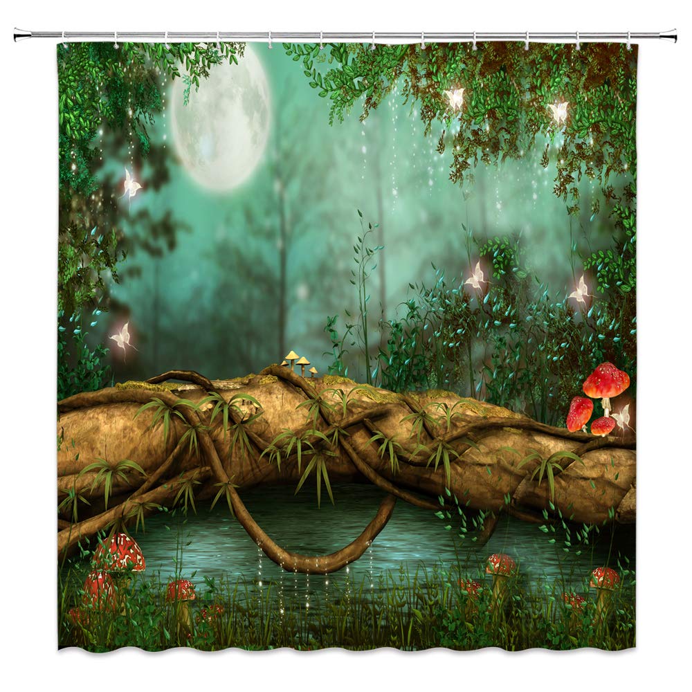 Jingjiji Fantasy Forest Green Shower Curtain Fairy Tale Mushroom Jungle Tree Pond Meadow Butterfly Elf Moon Night View Bathroom