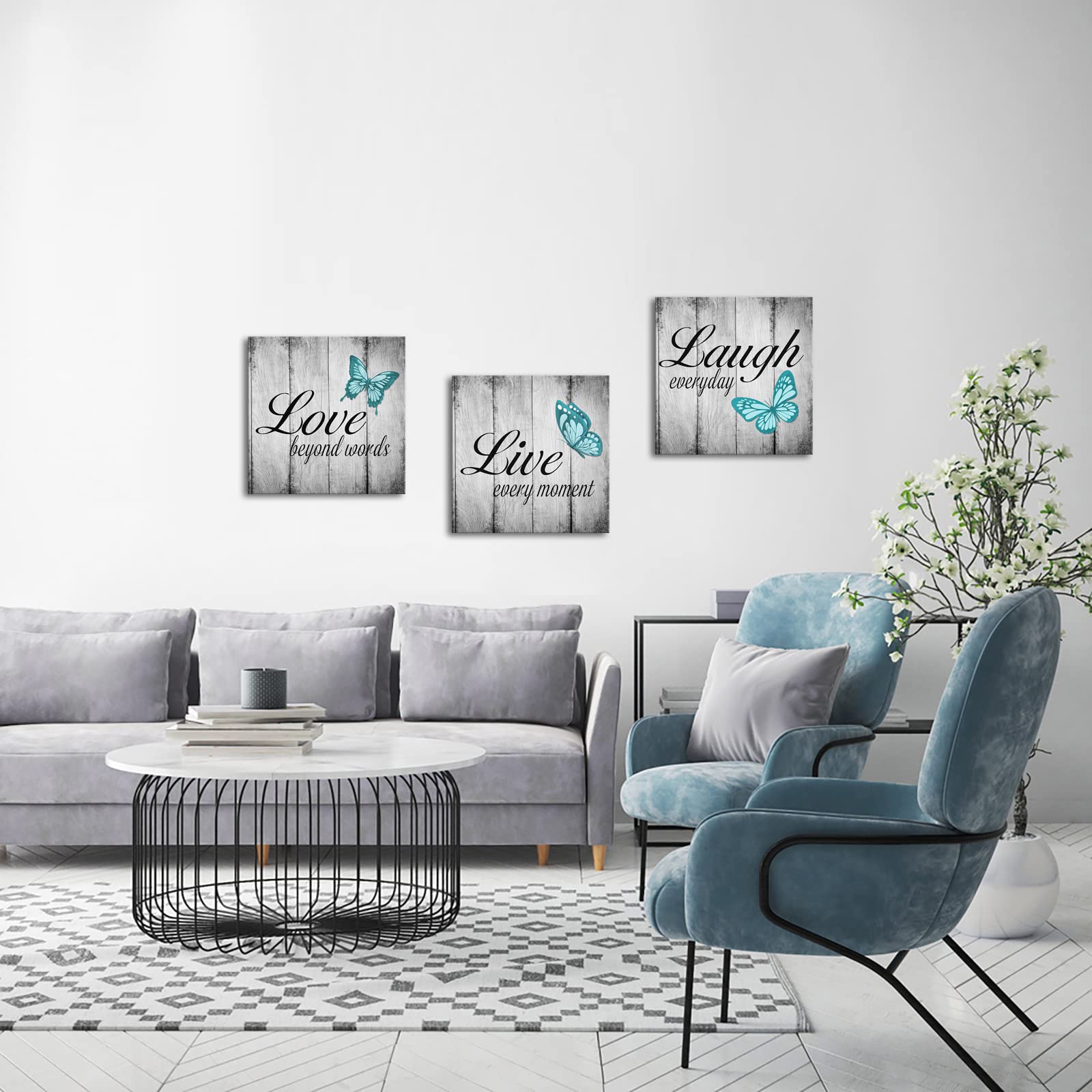 Conipit Teal Butterfly Canvas Wall Art Live Love Laugh Art Teal And Grey Pictures Wall Decor Inspirational Painting For Modern H