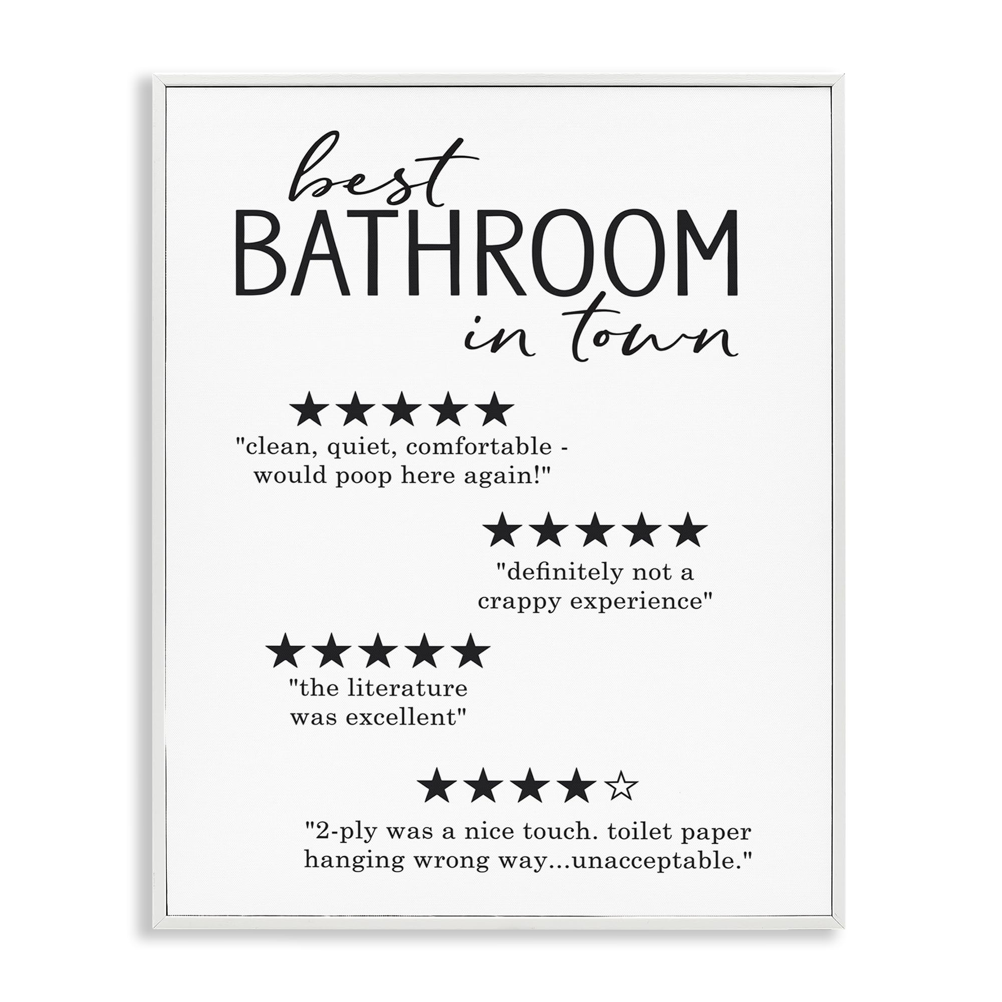 Stupell Industries Best Bathroom Five Star Reviews Funny Bath Phrases, Framed Giclee Art, White, 24 x 30 Inches, Easy to Hang 